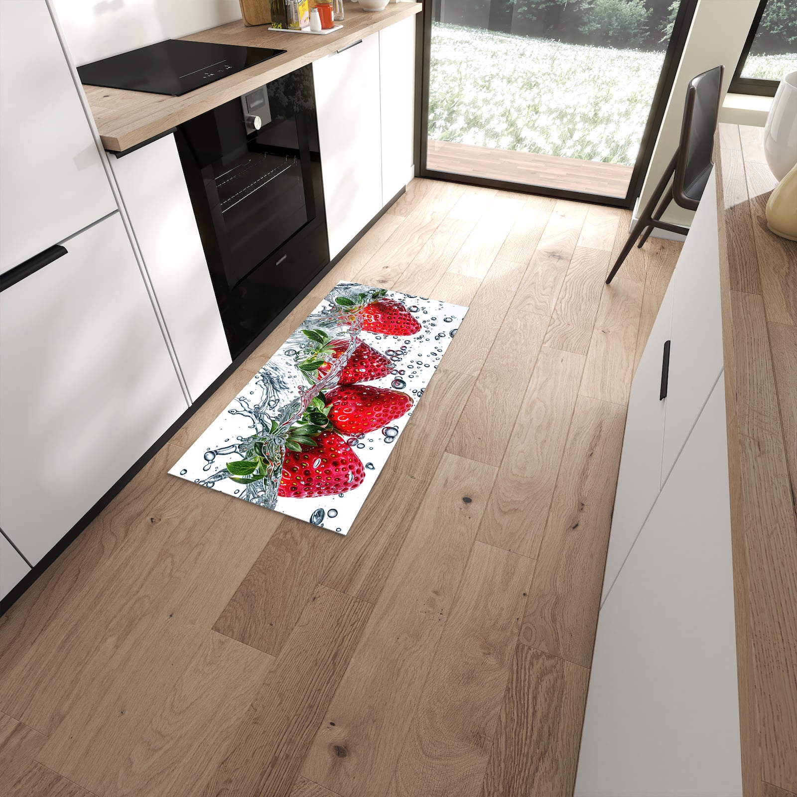 Rutschfester Küchenläufer mit Motiv In Wasser Erdbeeren in moderner Küche #grösse_60 x 120 cm