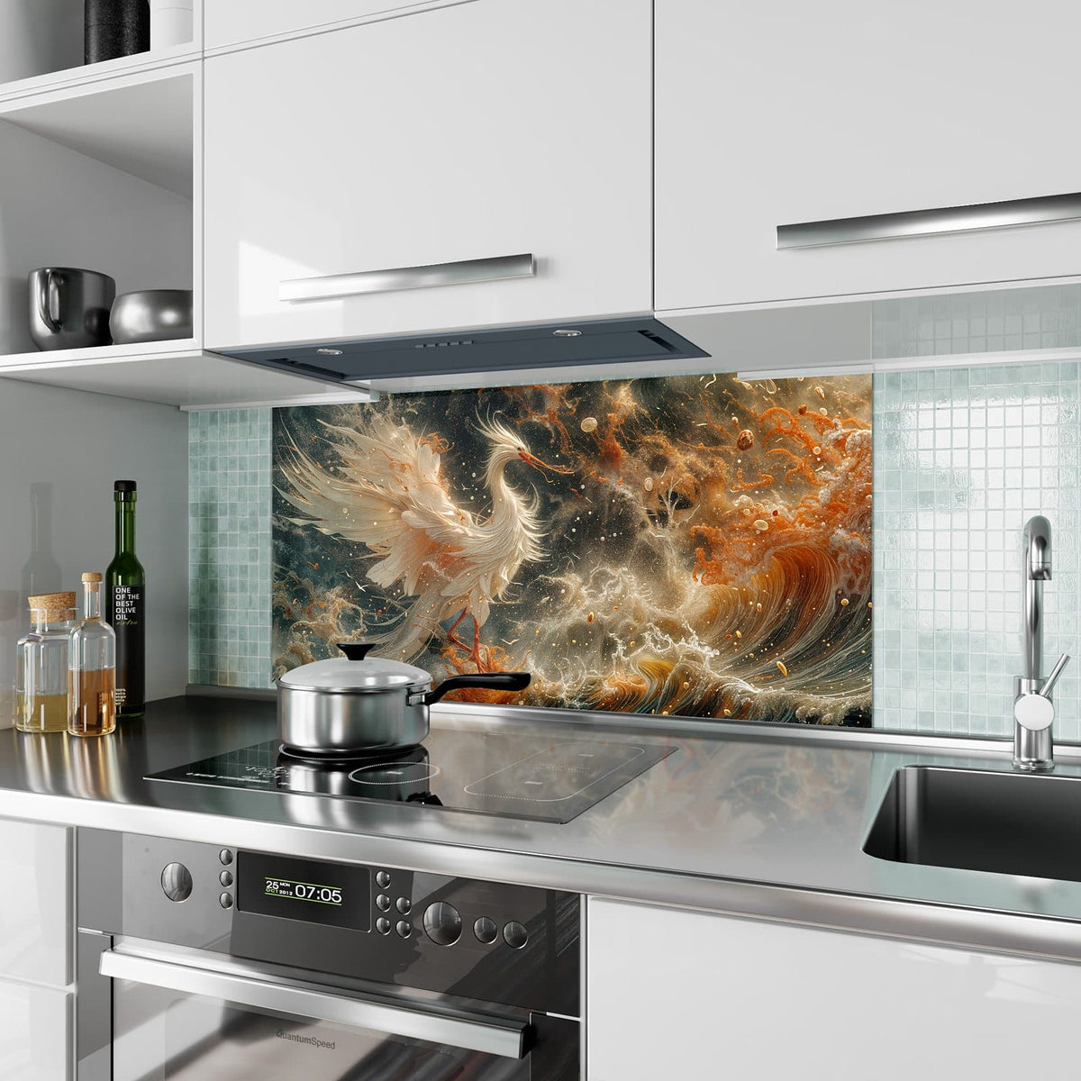 Küchenrückwand aus Glas Eleganter Vogel im Hochformat als Spritzschutz hinter dem Kochfeld, über dem Fliesenspiegel montiert