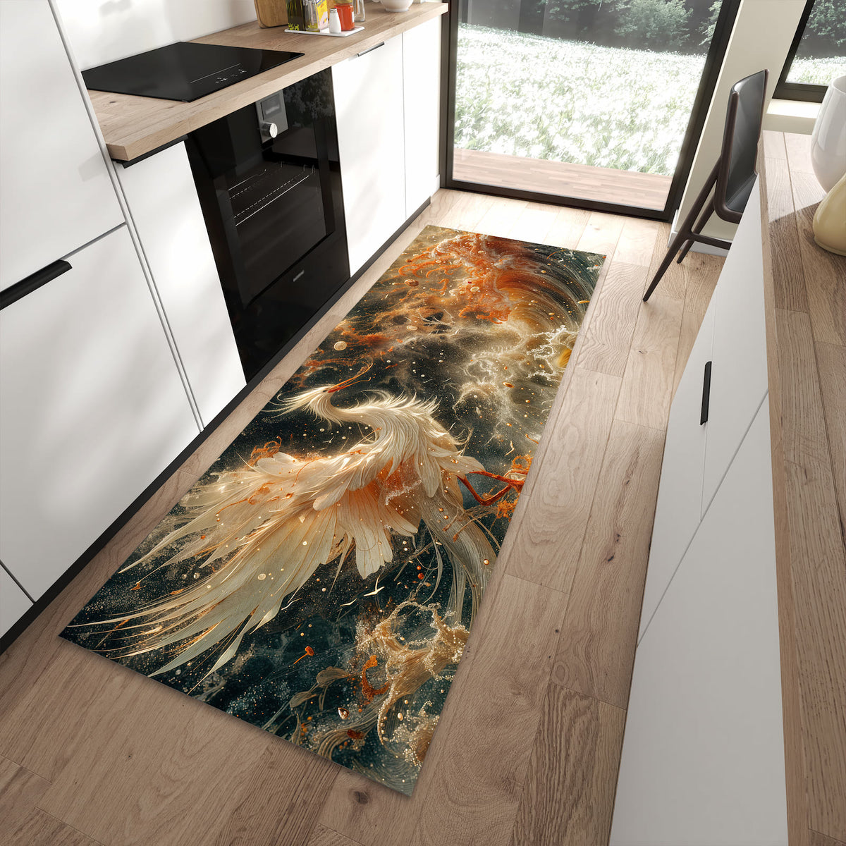 Langlebiger Küchenläufer mit Motiv Eleganter Vogel in moderner Küche