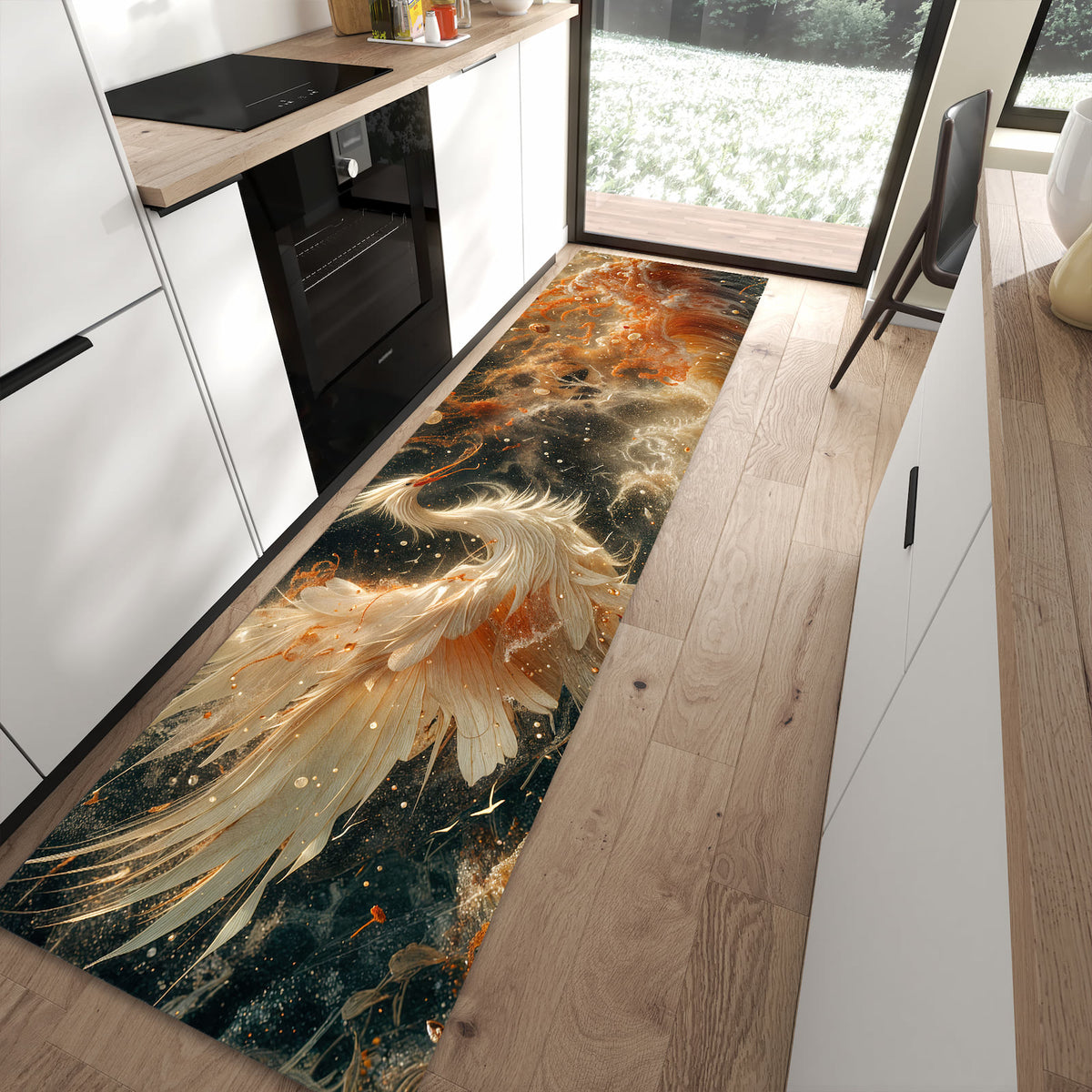 Strapazierfähiger rutschfester Küchenteppich mit Motiv Eleganter Vogel in moderner Küche