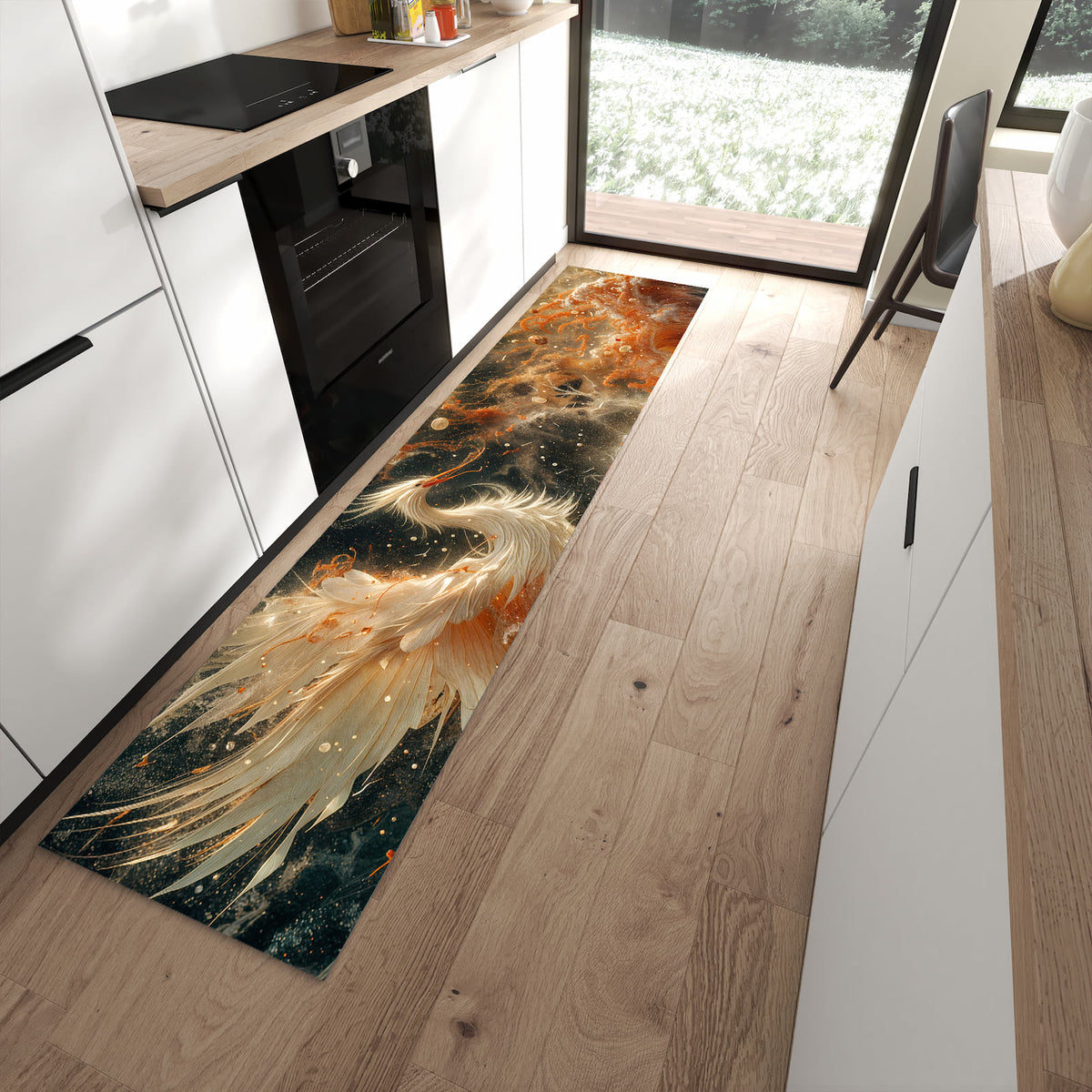 Pflegeleichter Küchenteppich mit Motiv Eleganter Vogel in moderner Küche