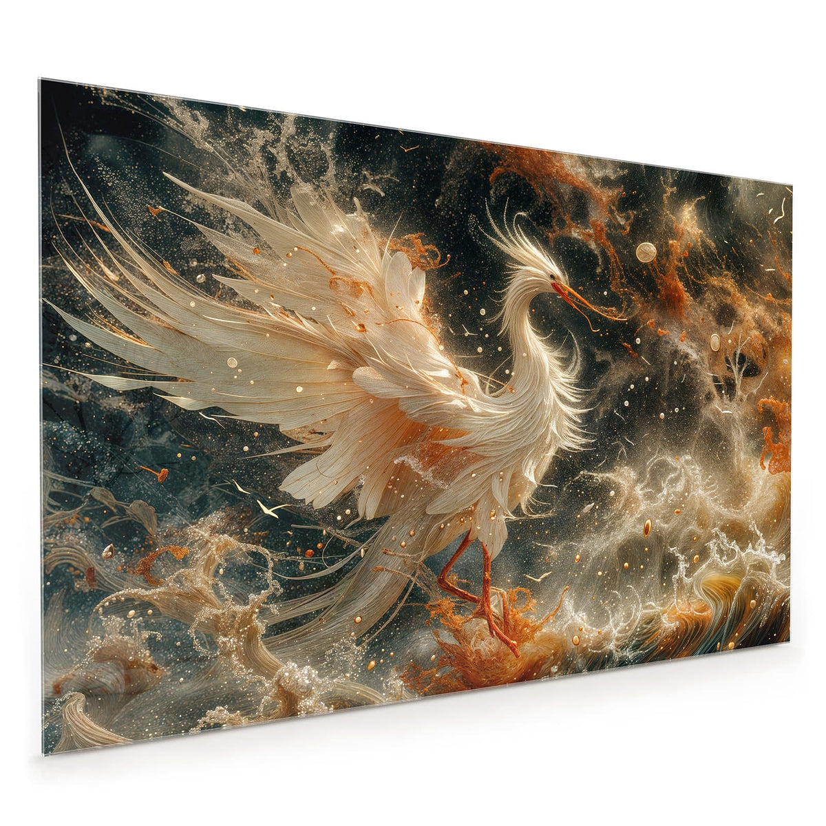 Küchenrückwand aus Glas im Hochformat mit Motiv Eleganter Vogel: Weißer Kranich mit ausgebreiteten Flügeln über dunklen Wellen mit goldenen Funken
