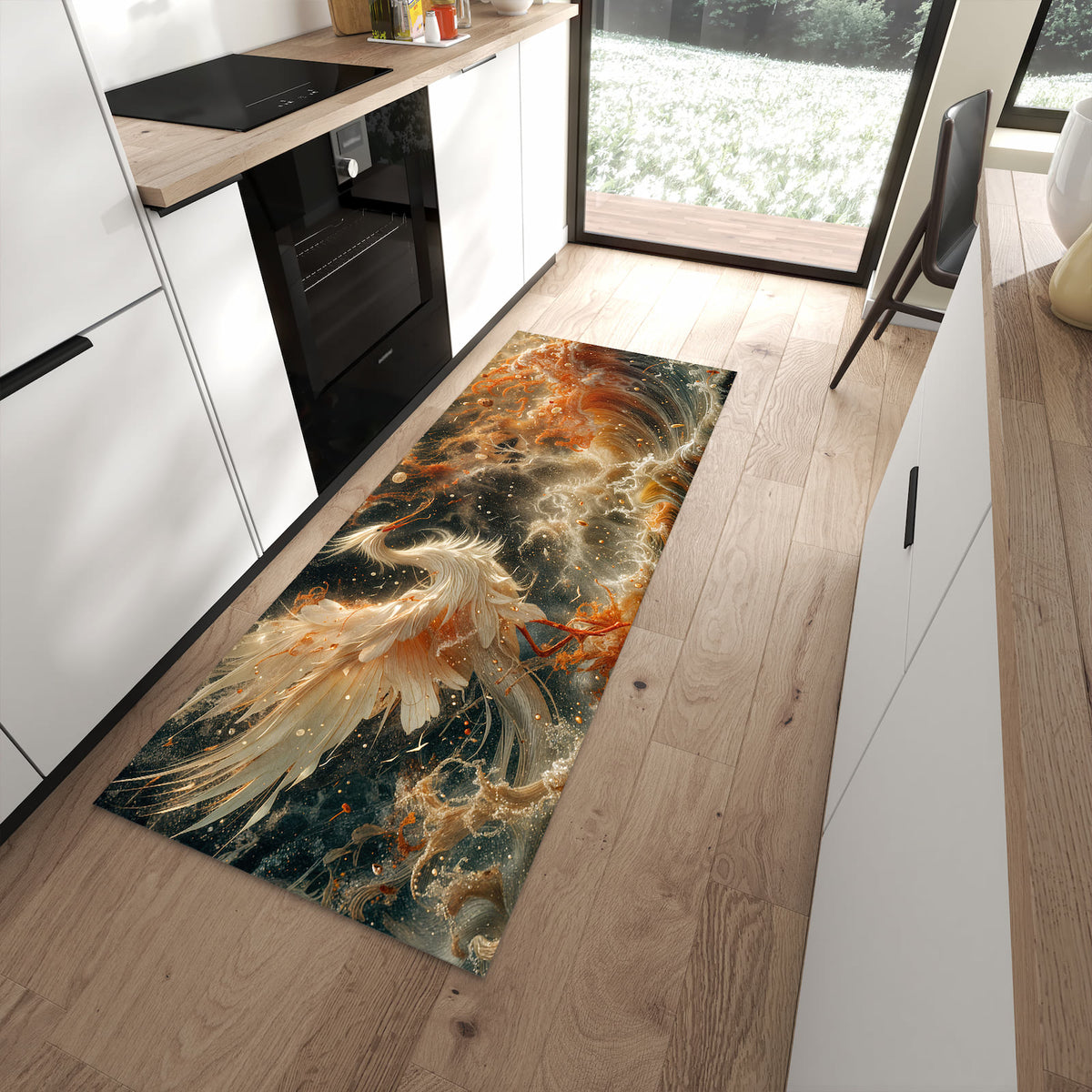 Leicht zu reinigender Küchenteppich mit Motiv Eleganter Vogel in moderner Küche
