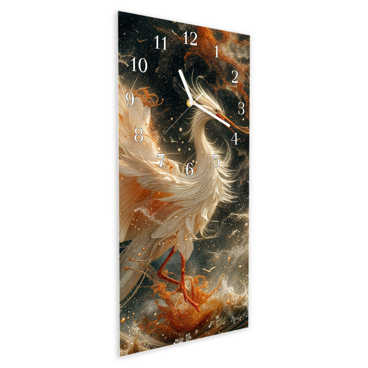 Vormontiert – mit Schwebeeffekt – Wanduhr Eleganter Vogel aus Glas – Hochformat 30 × 60 cm