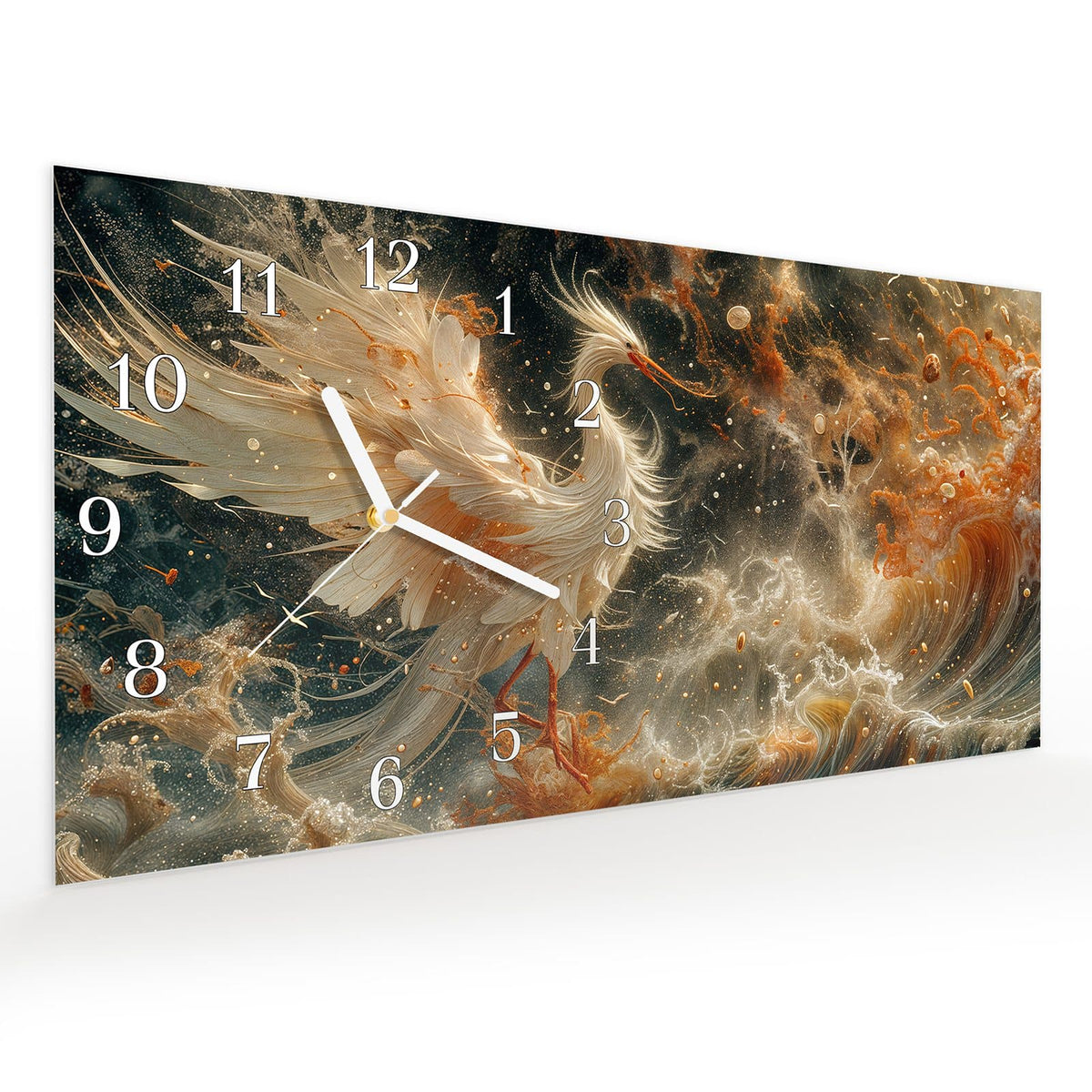 Vormontiert – mit Schwebeeffekt – Wanduhr Eleganter Vogel aus Glas – Querformat 60 × 30 cm