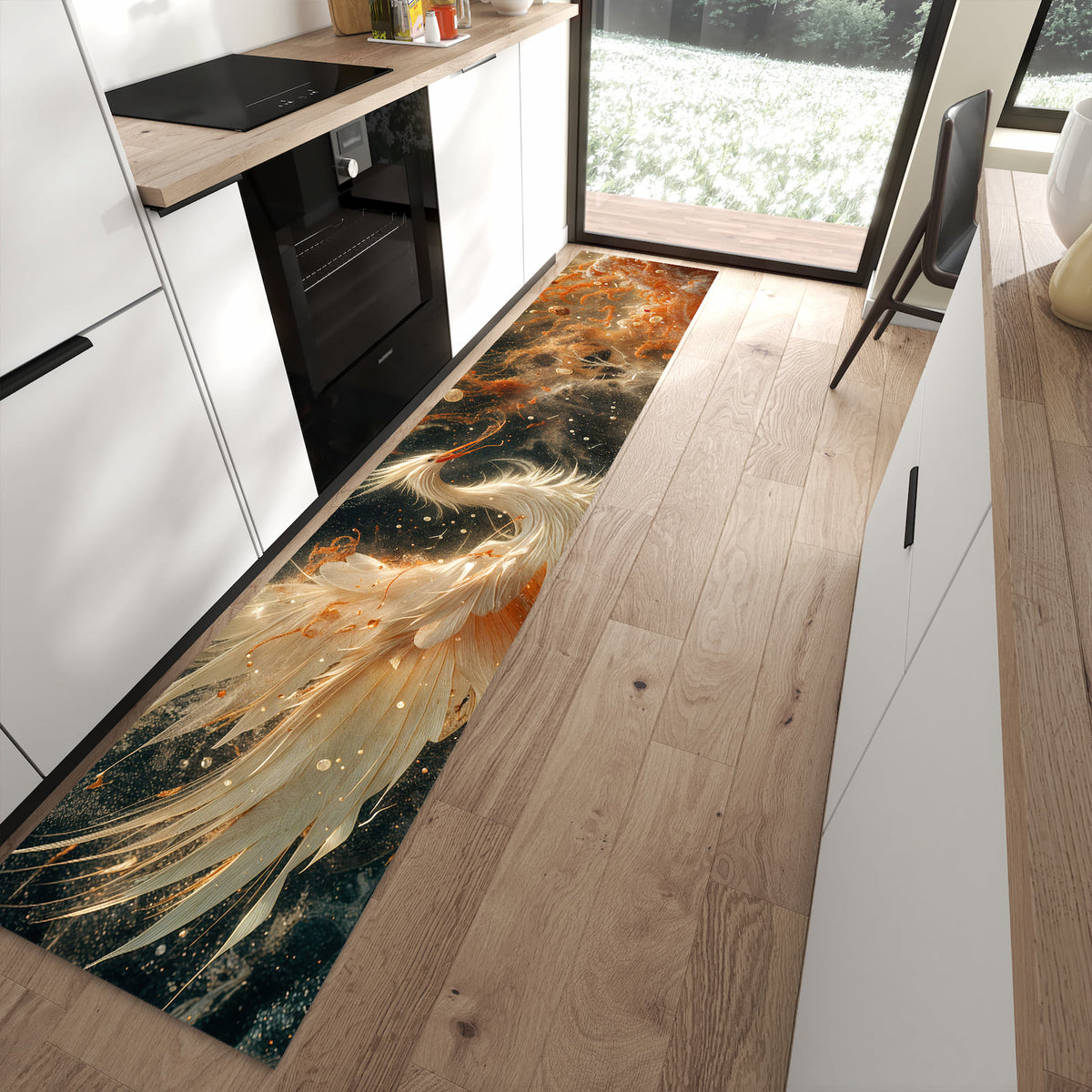 Komfortabler rutschfester Küchenteppich mit Motiv Eleganter Vogel in moderner Küche