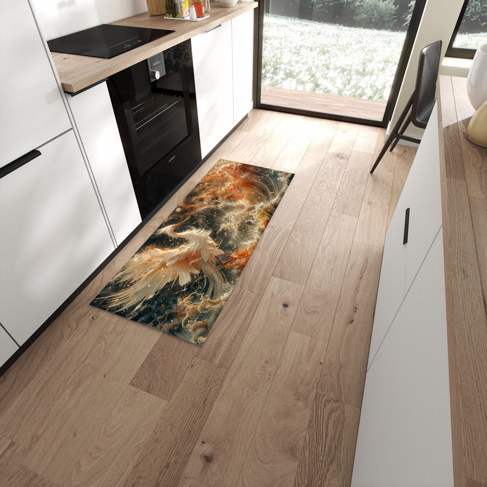 Geruchsneutraler Bodenläufer Teppich mit Motiv Eleganter Vogel in moderner Küche #grösse_60 x 150 cm