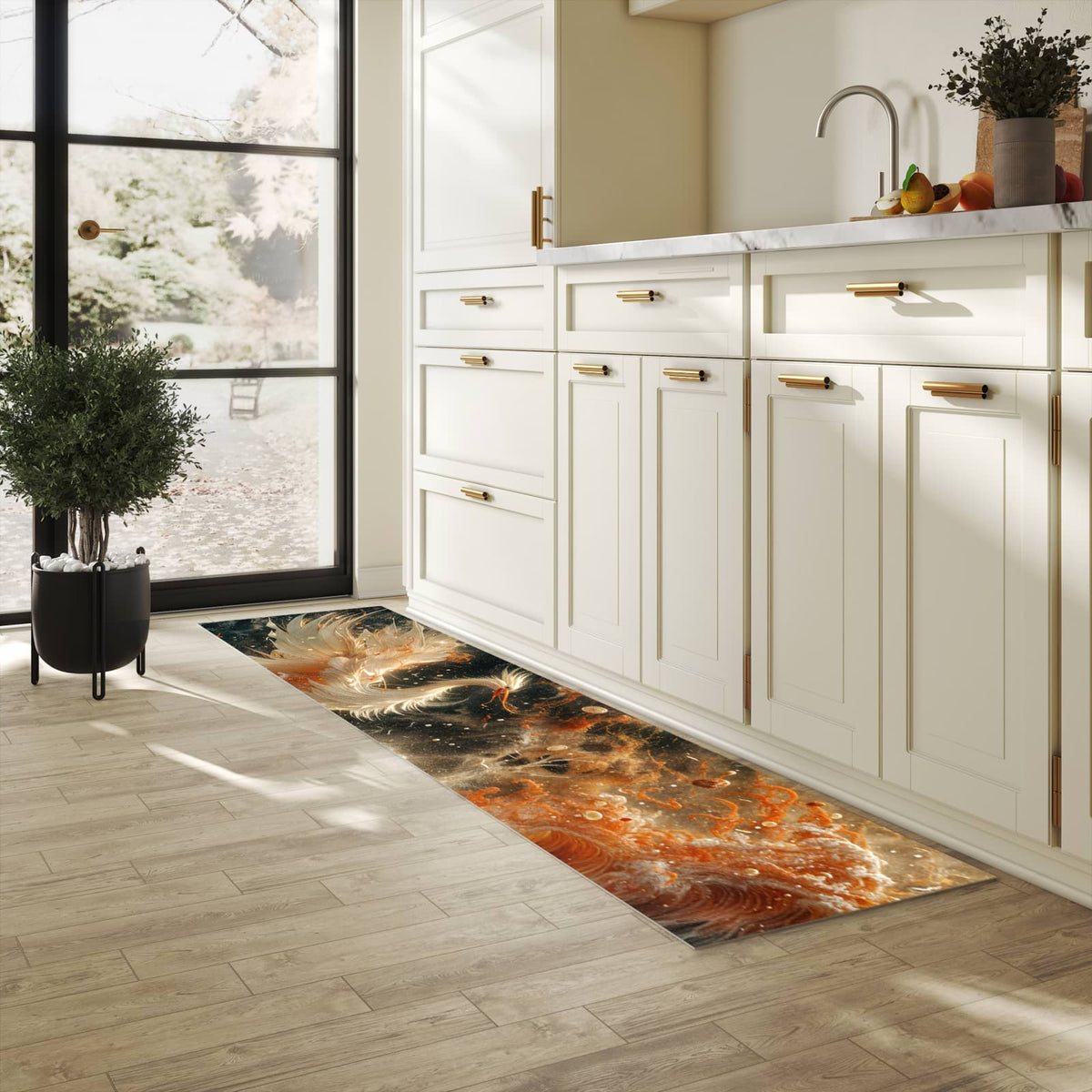 Bodenschonender Bodenläufer-Teppich mit Motiv Eleganter Vogel in heller Küche
