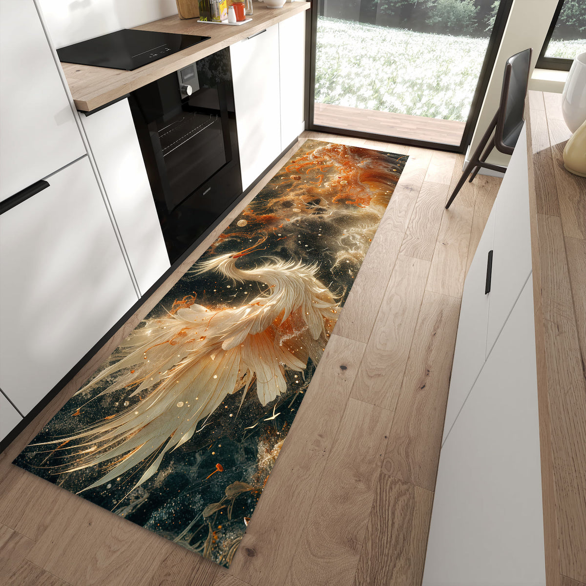 Hygienischer großer Küchenteppich mit Motiv Eleganter Vogel in moderner Küche