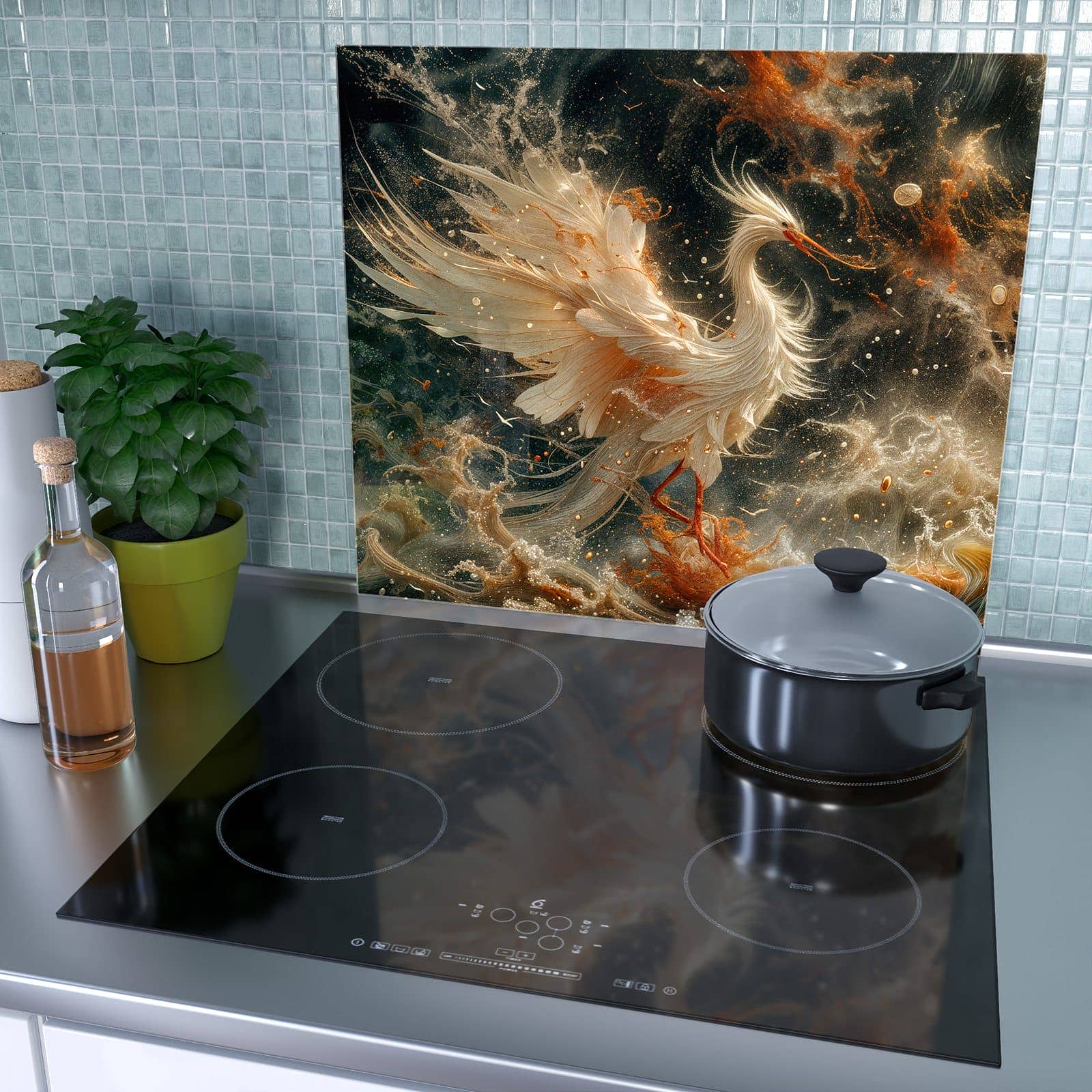 1-teilige Herdabdeckplatte mit Eleganter Vogel-Motiv als Spritzschutz hinter dem Kochfeld