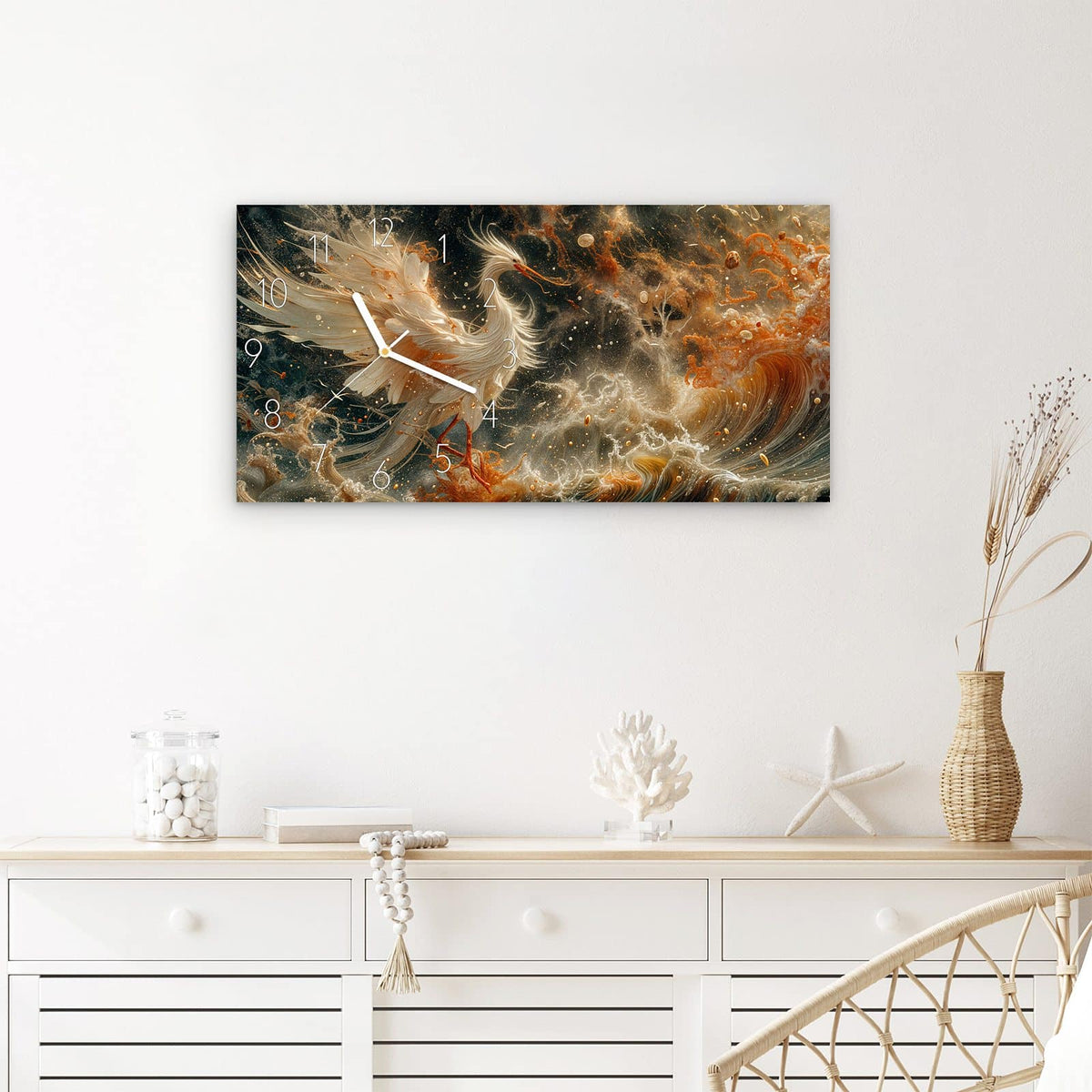 Wanduhr Eleganter Vogel aus Glas – Querformat 60 × 30 cm – Vogel über goldenen Wellen