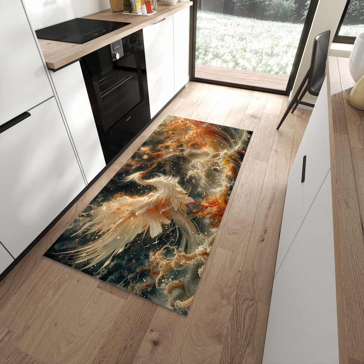 Waschbarer Küchenteppich mit Motiv Eleganter Vogel in moderner Küche
