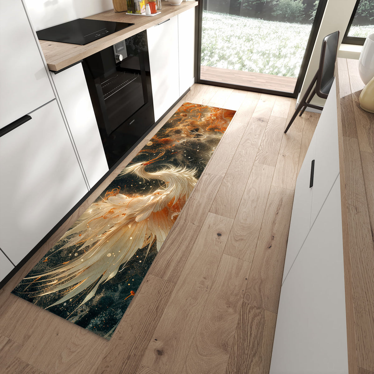 Flacher Küchenteppich mit Motiv Eleganter Vogel in moderner Küche - waschbar