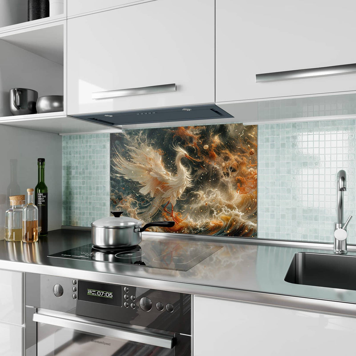 Küchenrückwand aus Glas Eleganter Vogel im Hochformat als Spritzschutz hinter dem Kochfeld, über dem Fliesenspiegel montiert