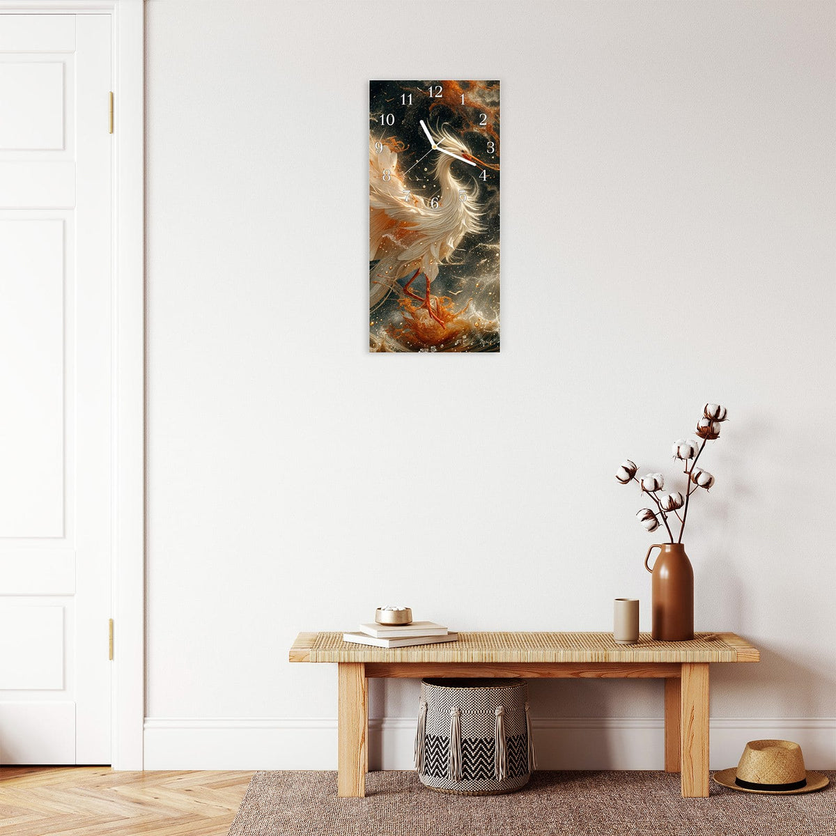Moderne Wanduhr aus Glas mit Farbtiefe – Wanduhr Eleganter Vogel aus Glas – Hochformat 30 × 60 cm