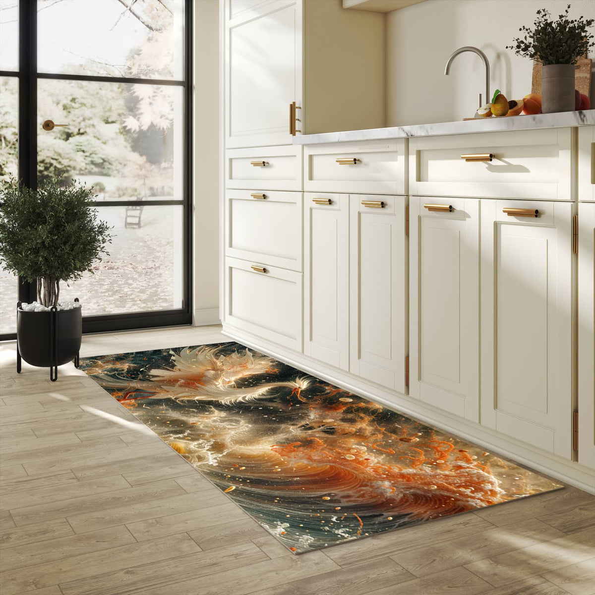 Abriebfester großer Küchenteppich mit Motiv Eleganter Vogel in heller Küche
