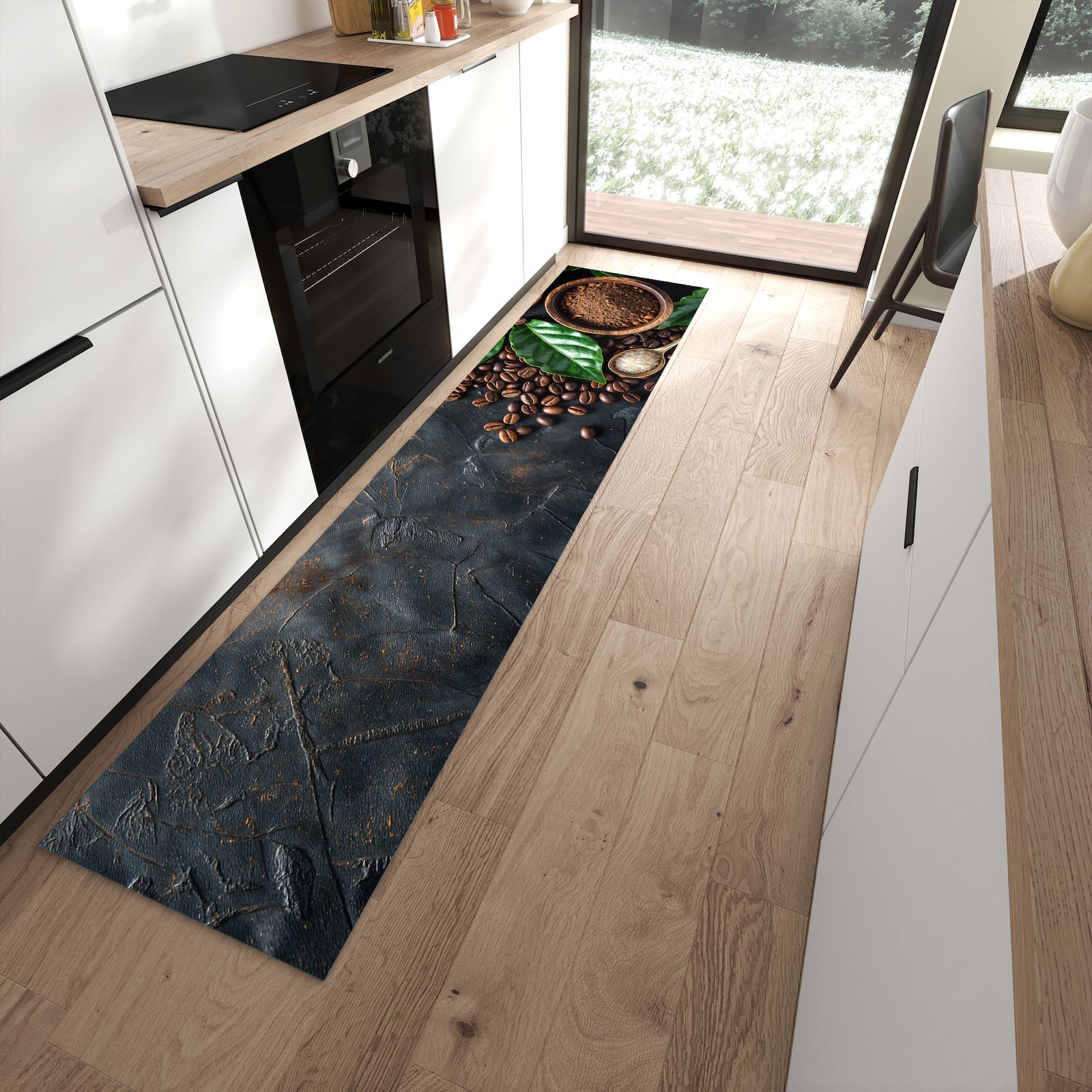 Formstabiler langer Teppich mit Motiv Kaffeebohnen Und Blaetter in moderner Küche
