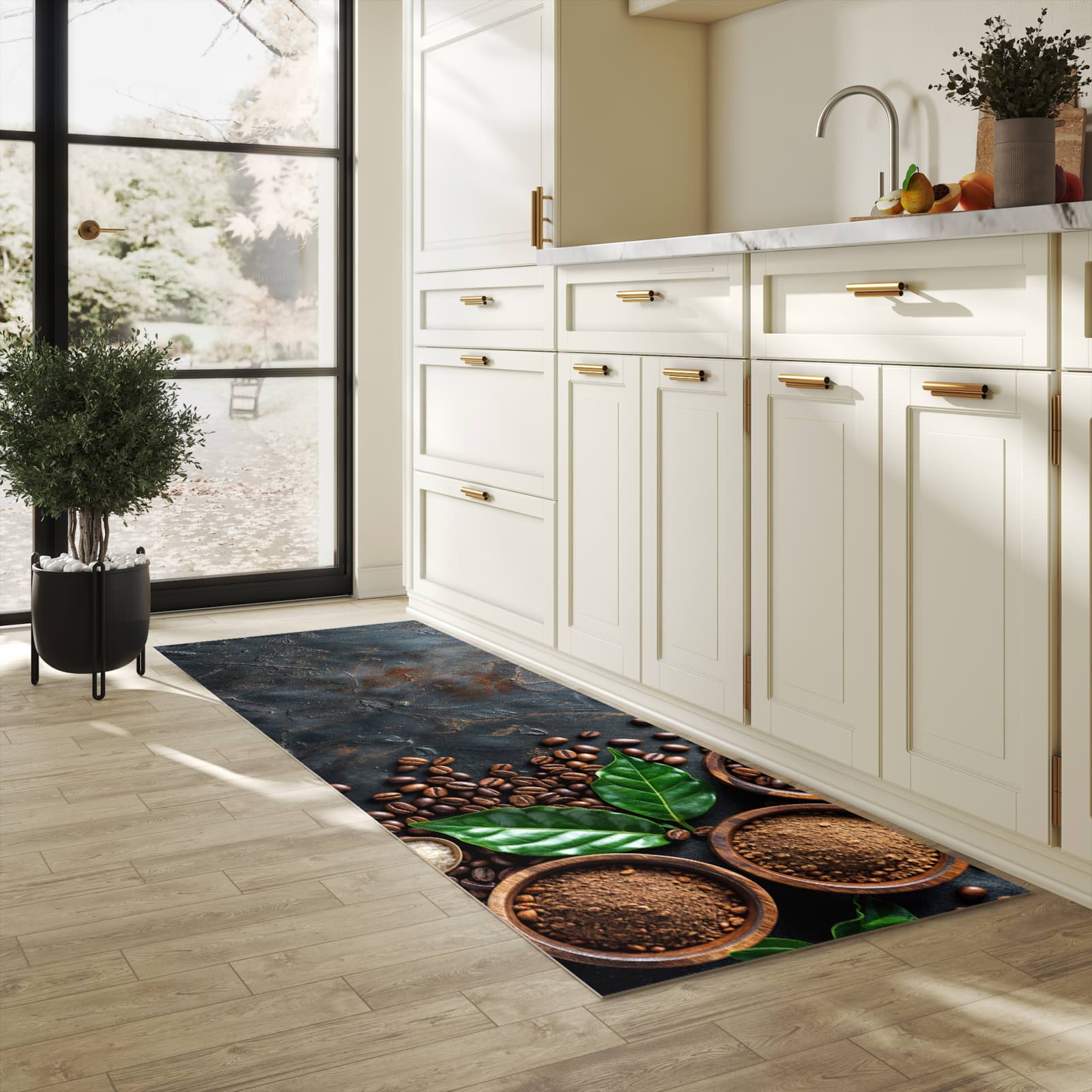 Rutschfester Läufer mit Motiv Kaffeebohnen Und Blaetter für Eingangsbereich in heller Küche