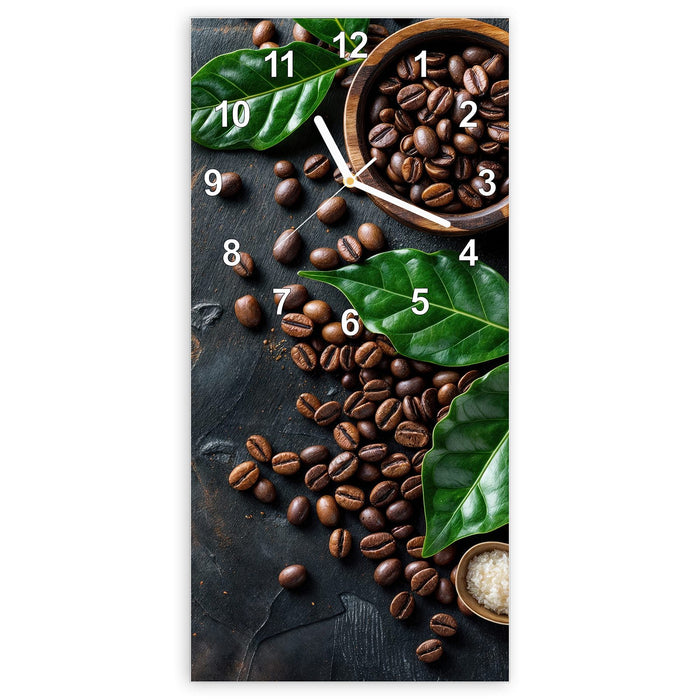 Wanduhr Kaffeebohnen Und Blaetter aus Glas – Hochformat 30 × 60 cm mit Ziffernblatt Modern