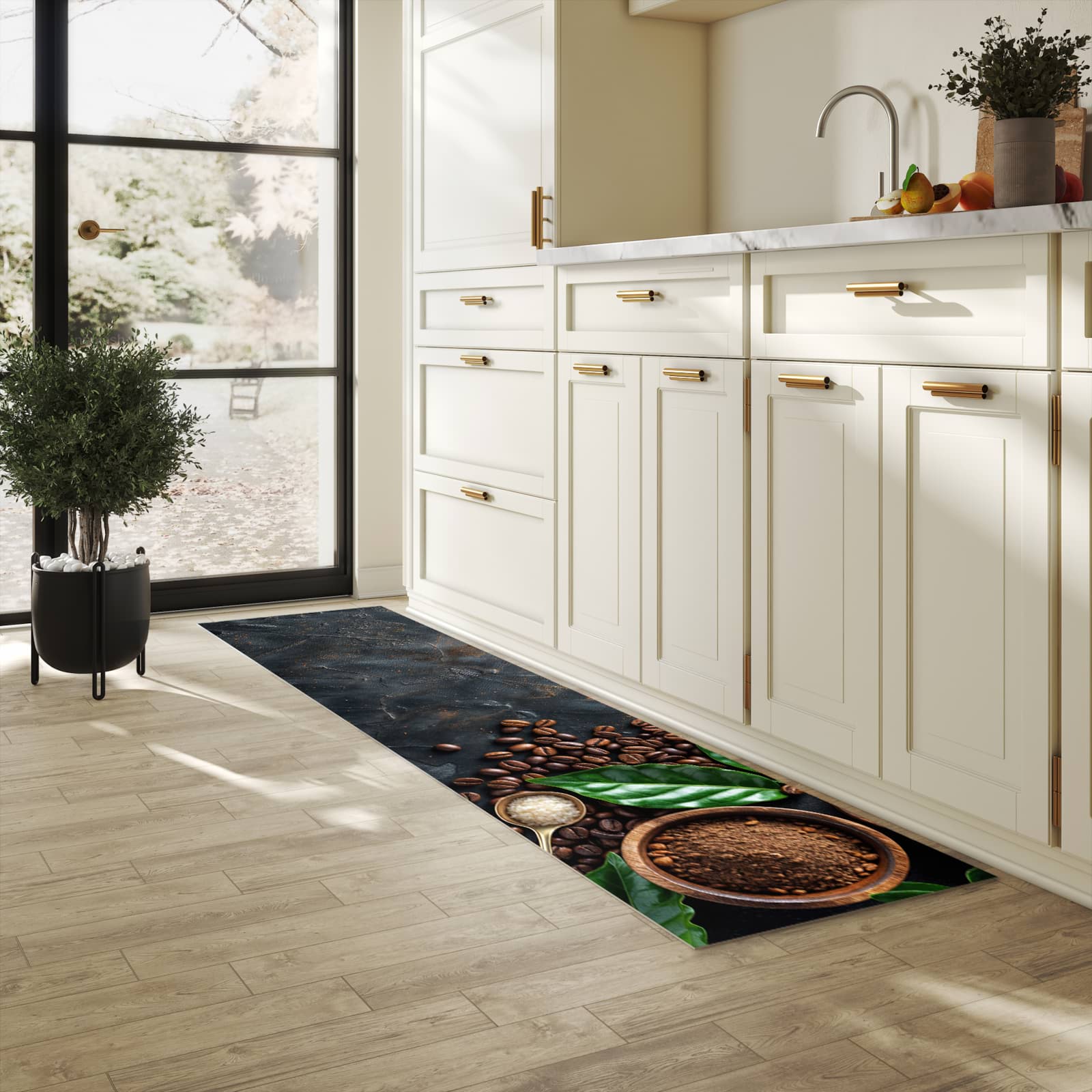 Langlebiger Teppichläufer mit Motiv Kaffeebohnen Und Blaetter in heller Küche