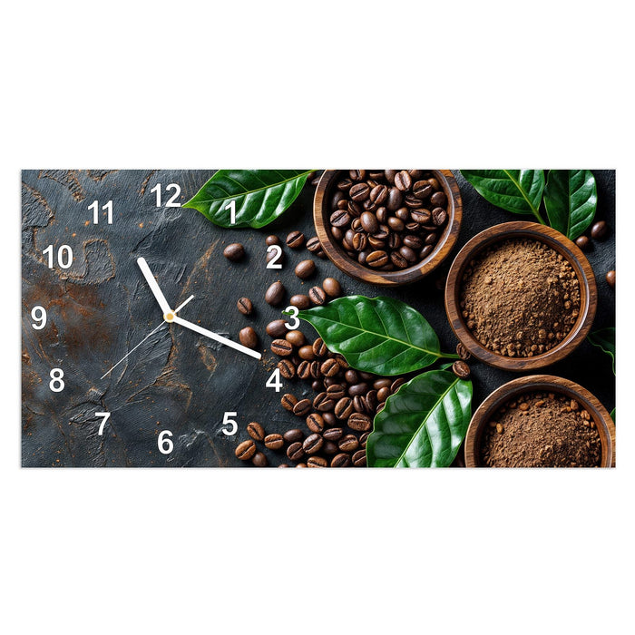 Wanduhr Kaffeebohnen Und Blaetter aus Glas – Querformat 60 × 30 cm mit Ziffernblatt Modern