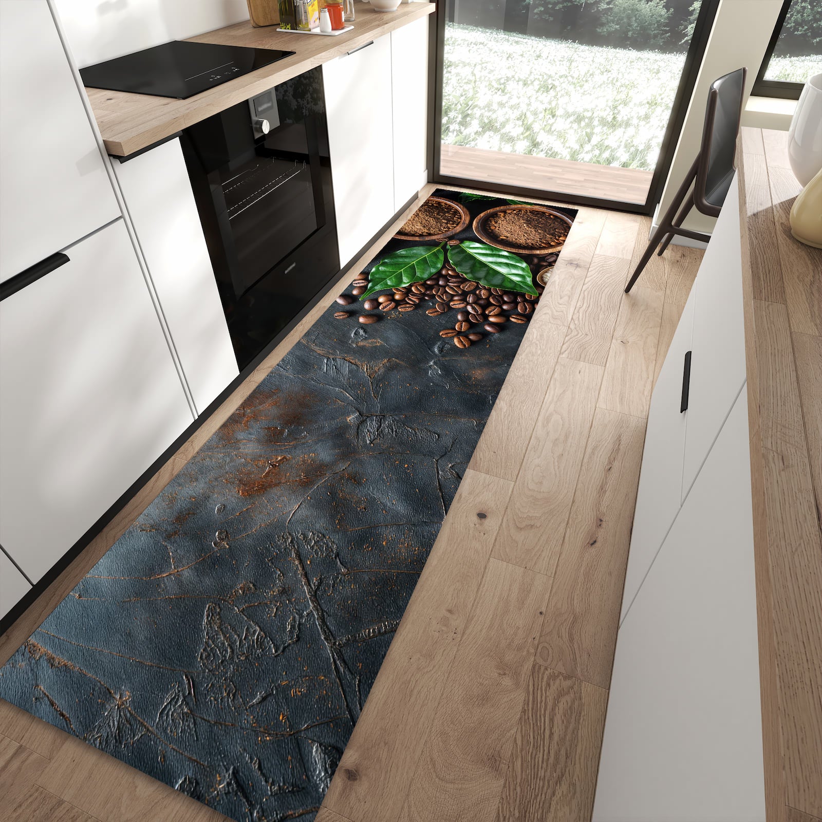 Küchenteppich mit Motiv Kaffeebohnen Und Blaetter für Trittkomfort in moderner Küche, waschbar