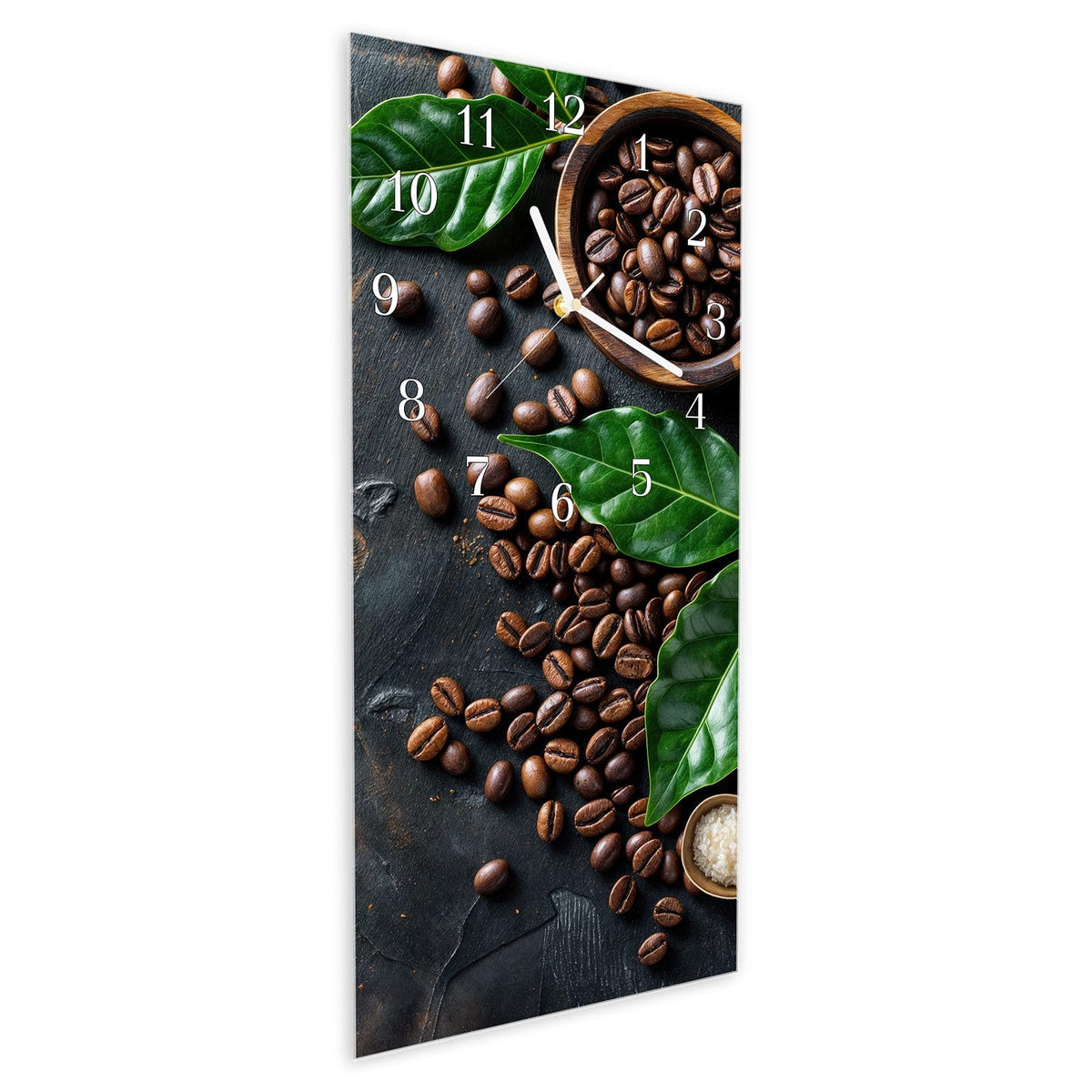 Vormontiert – mit Schwebeeffekt – Wanduhr Kaffeebohnen Und Blaetter aus Glas – Hochformat 30 × 60 cm
