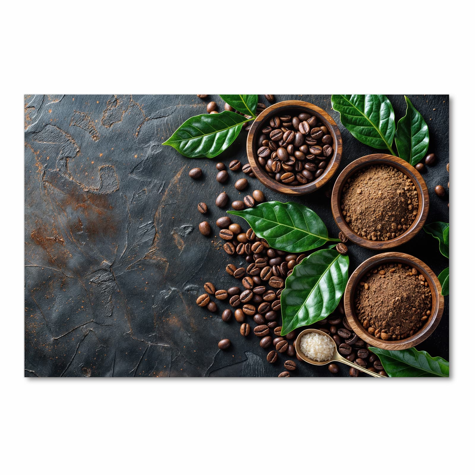 Farbbeständiger Küchenteppich mit Motiv Kaffeebohnen Und Blaetter in Frontansicht