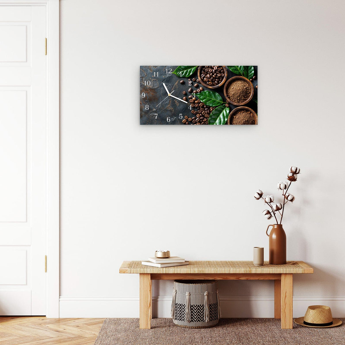 Moderne Wanduhr aus Glas mit Farbtiefe – Wanduhr Kaffeebohnen Und Blaetter aus Glas – Querformat 60 × 30 cm