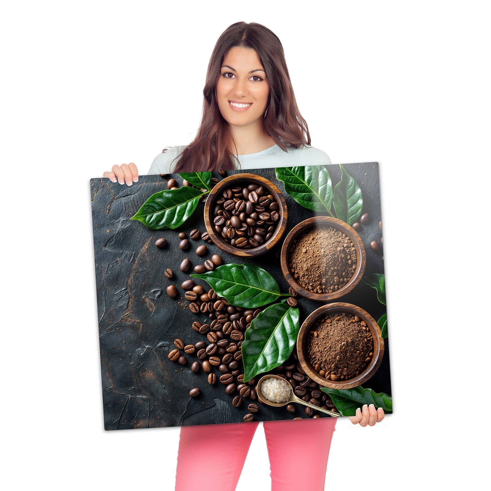 Herdabdeckplatte für Induktion mit Kaffeebohnen Und Blaetter-Motiv wird zur Größendarstellung gehalten