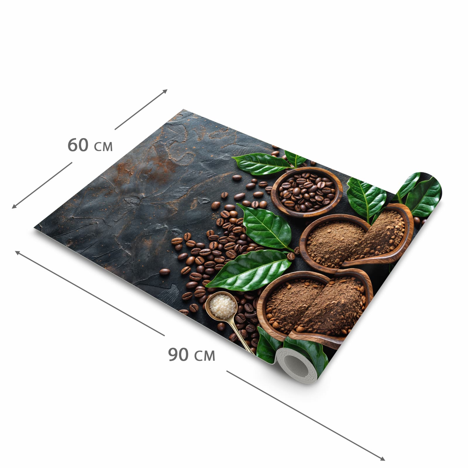 Pflegeleichter Küchenvorleger mit Motiv Kaffeebohnen Und Blaetter in der Größe 60x150 cm