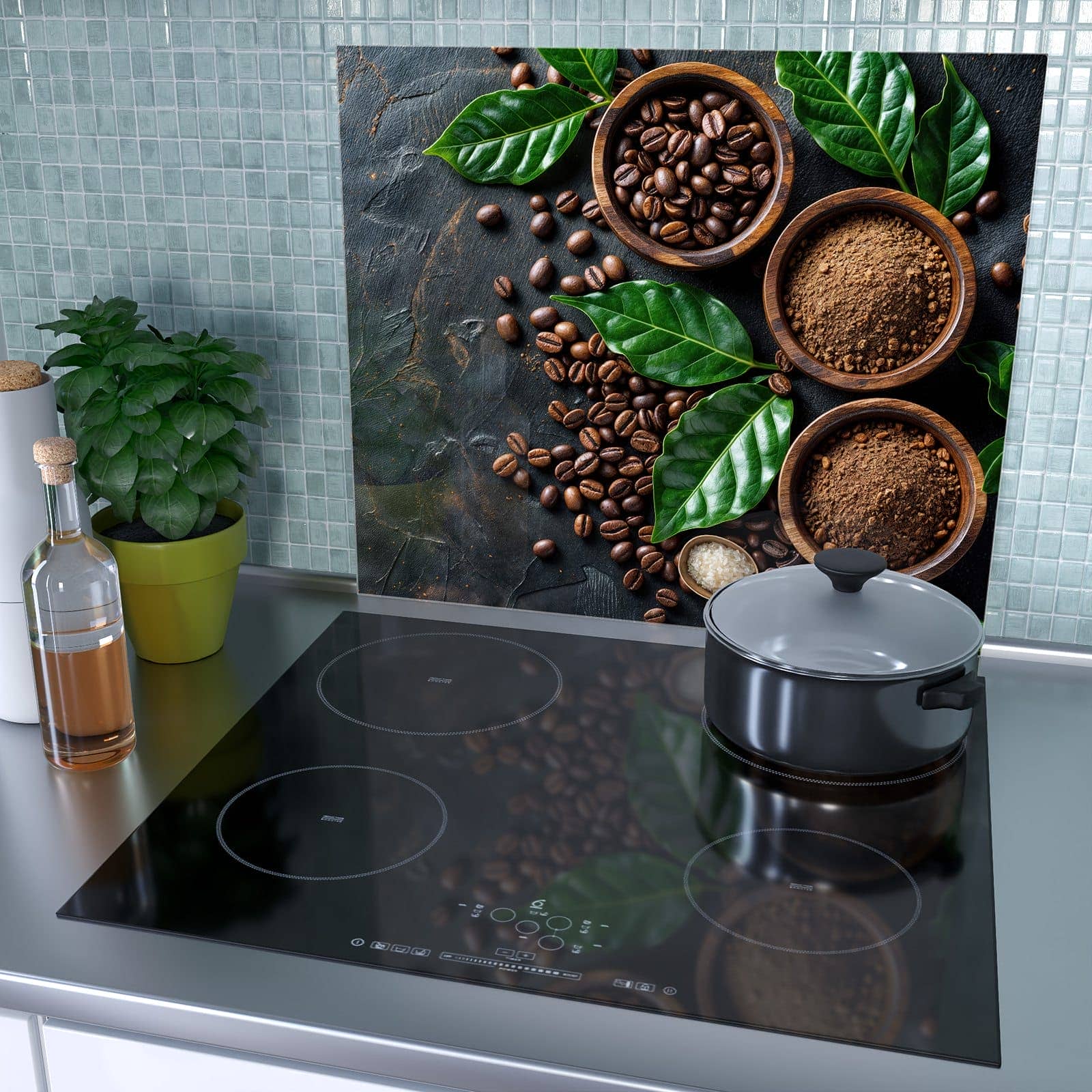 1-teilige Herdabdeckplatte aus Glas mit Kaffeebohnen Und Blaetter-Motiv als Spritzschutz hinter dem Kochfeld