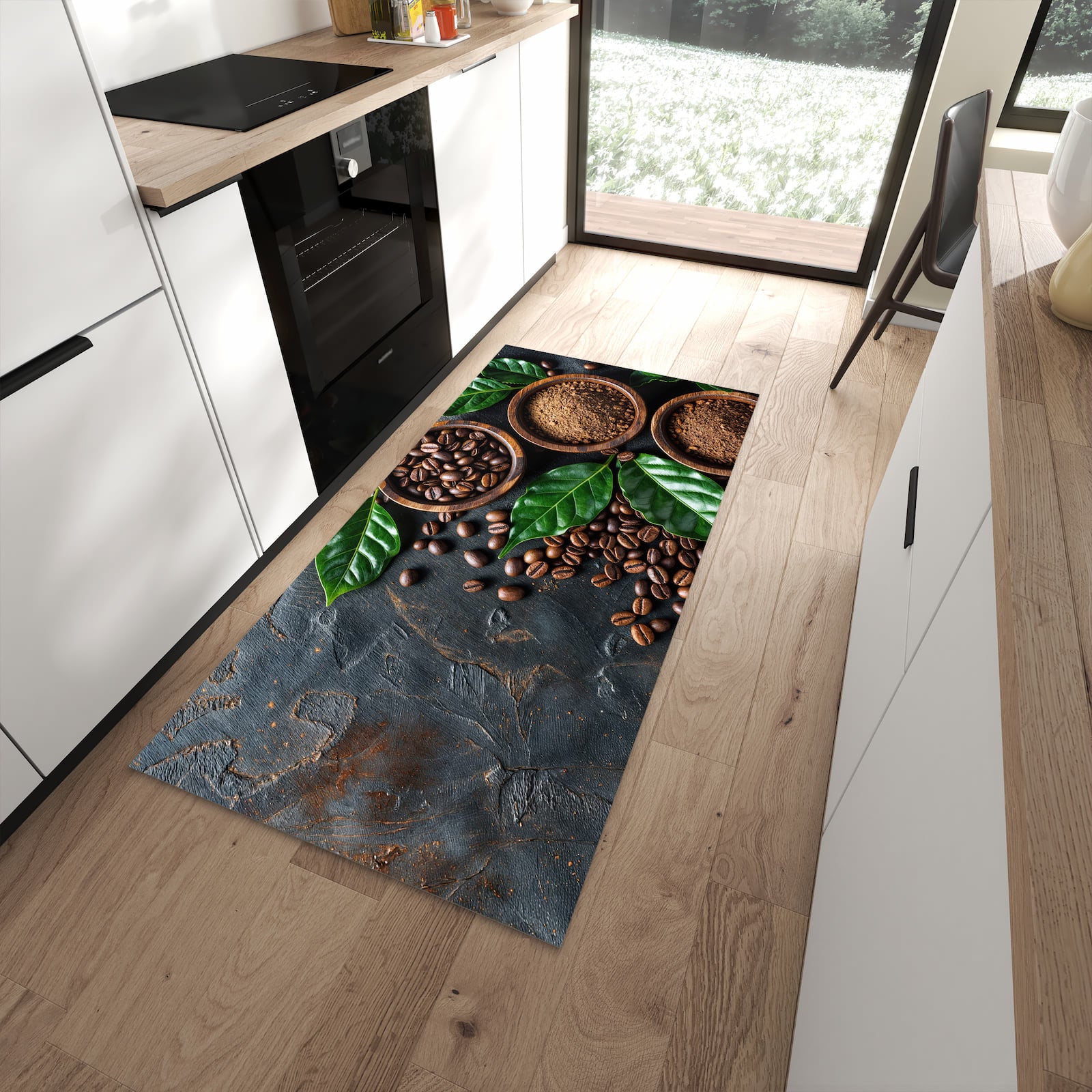 Wasserabweisender Teppich für Esstisch mit Motiv Kaffeebohnen Und Blaetter in moderner Küche