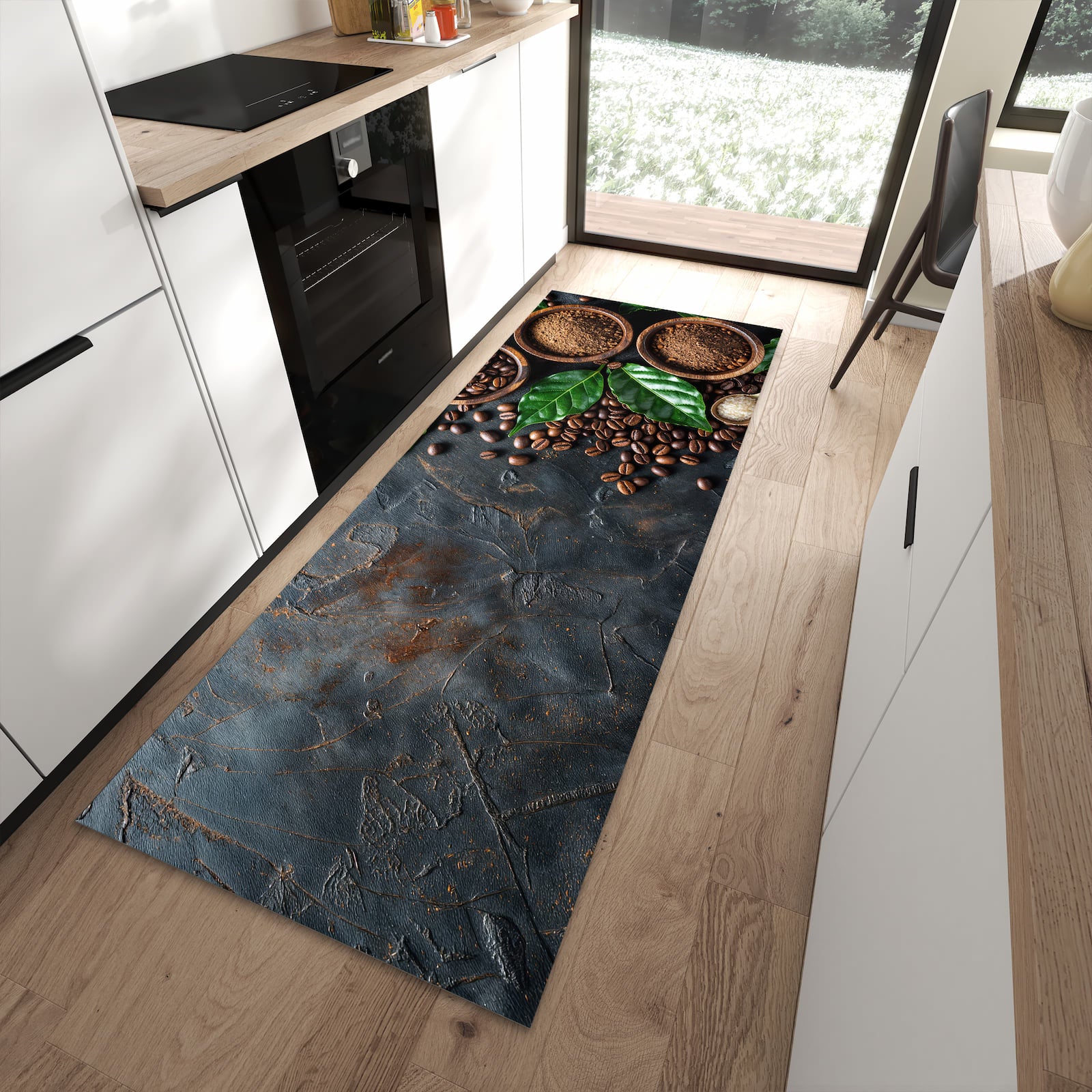 Fleckenresistenter rutschfester Küchenteppich mit Motiv Kaffeebohnen Und Blaetter in moderner Küche