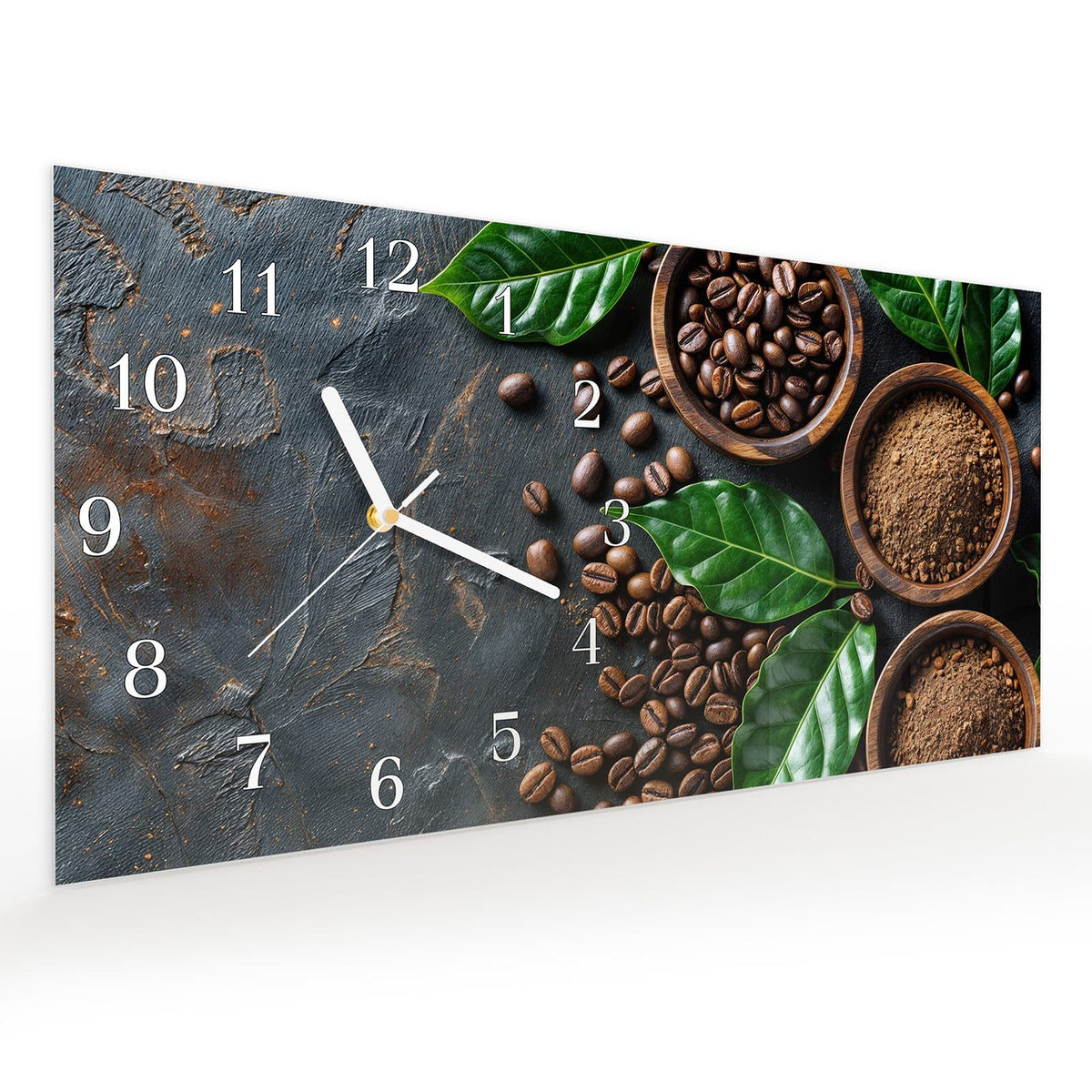 Vormontiert – mit Schwebeeffekt – Wanduhr Kaffeebohnen Und Blaetter aus Glas – Querformat 60 × 30 cm