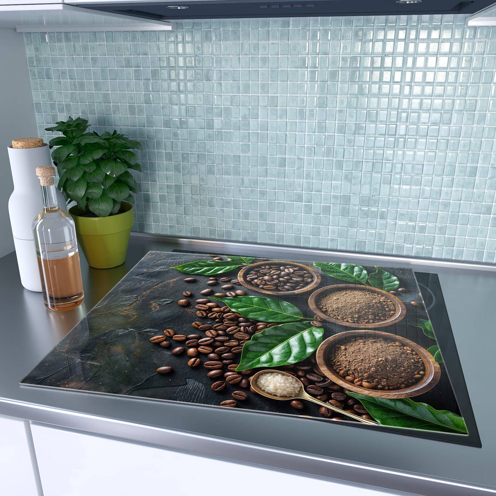 1-teilige Ceranfeldabdeckungen mit Kaffeebohnen Und Blaetter-Motiv auf dem Ceranfeld