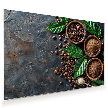 Wandbild mit dem Motiv Kaffeebohnen und Blätter