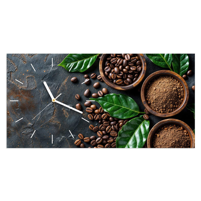 Wanduhr Kaffeebohnen Und Blaetter aus Glas – Querformat 60 × 30 cm mit Ziffernblatt Linie