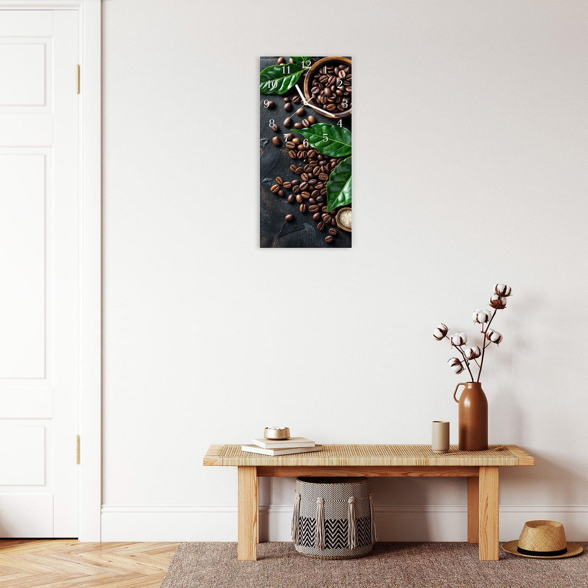 Moderne Wanduhr aus Glas mit Farbtiefe – Wanduhr Kaffeebohnen Und Blaetter aus Glas – Hochformat 30 × 60 cm
