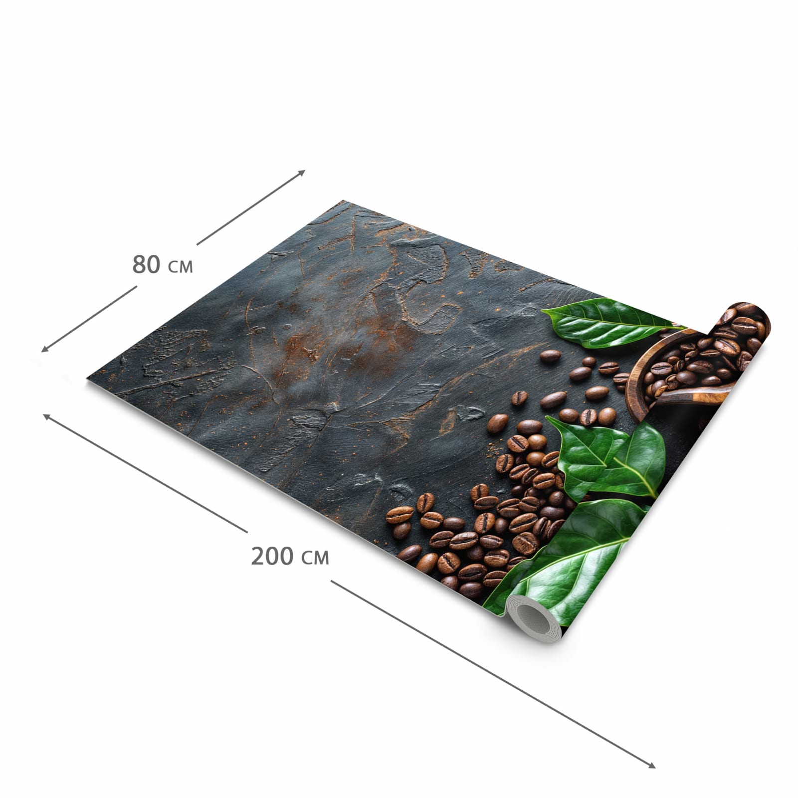 Komfortabler waschbarer Küchenteppich mit Motiv Kaffeebohnen Und Blaetter in der Grösse 60x150 cm