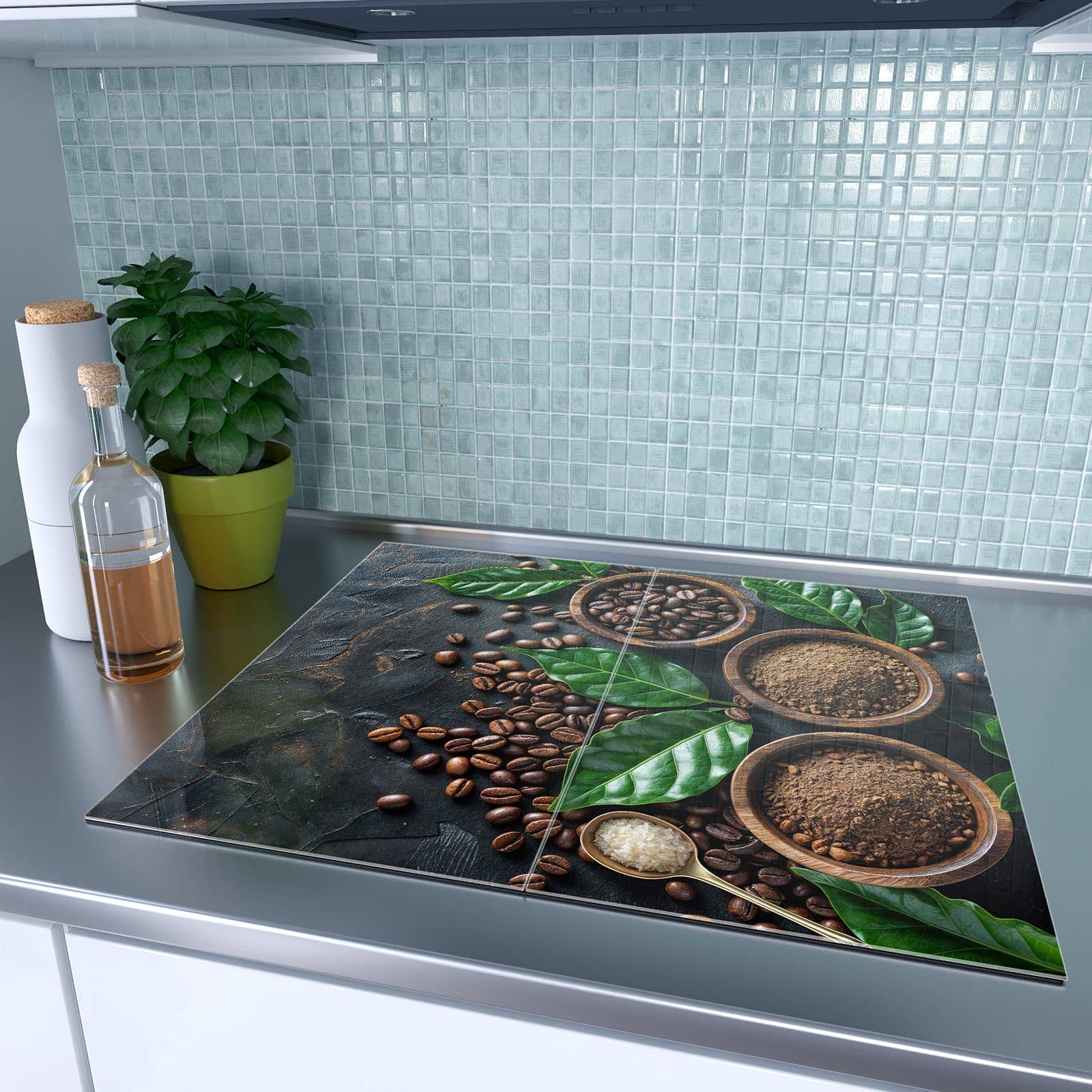 2-teilige Herdabdeckung aus Glas mit Kaffeebohnen Und Blaetter-Motiv auf dem Ceranfeld