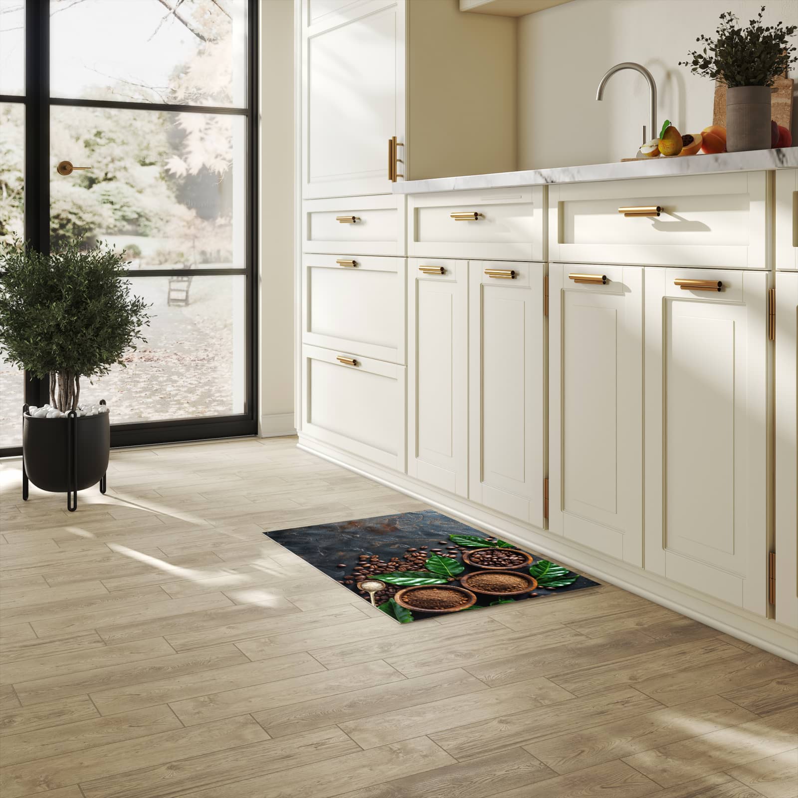 Pflegeleichter waschbarer Küchenläufer mit Motiv Kaffeebohnen Und Blaetter in heller Küche