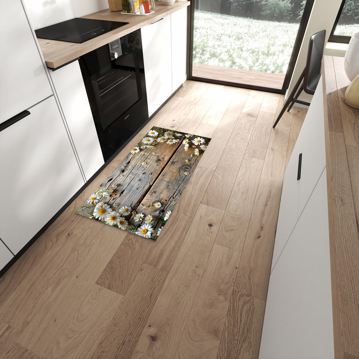 Langlebiger Küchenteppich mit Motiv Holz und Gänseblümchen in moderner Küche #grösse_60 x 120 cm