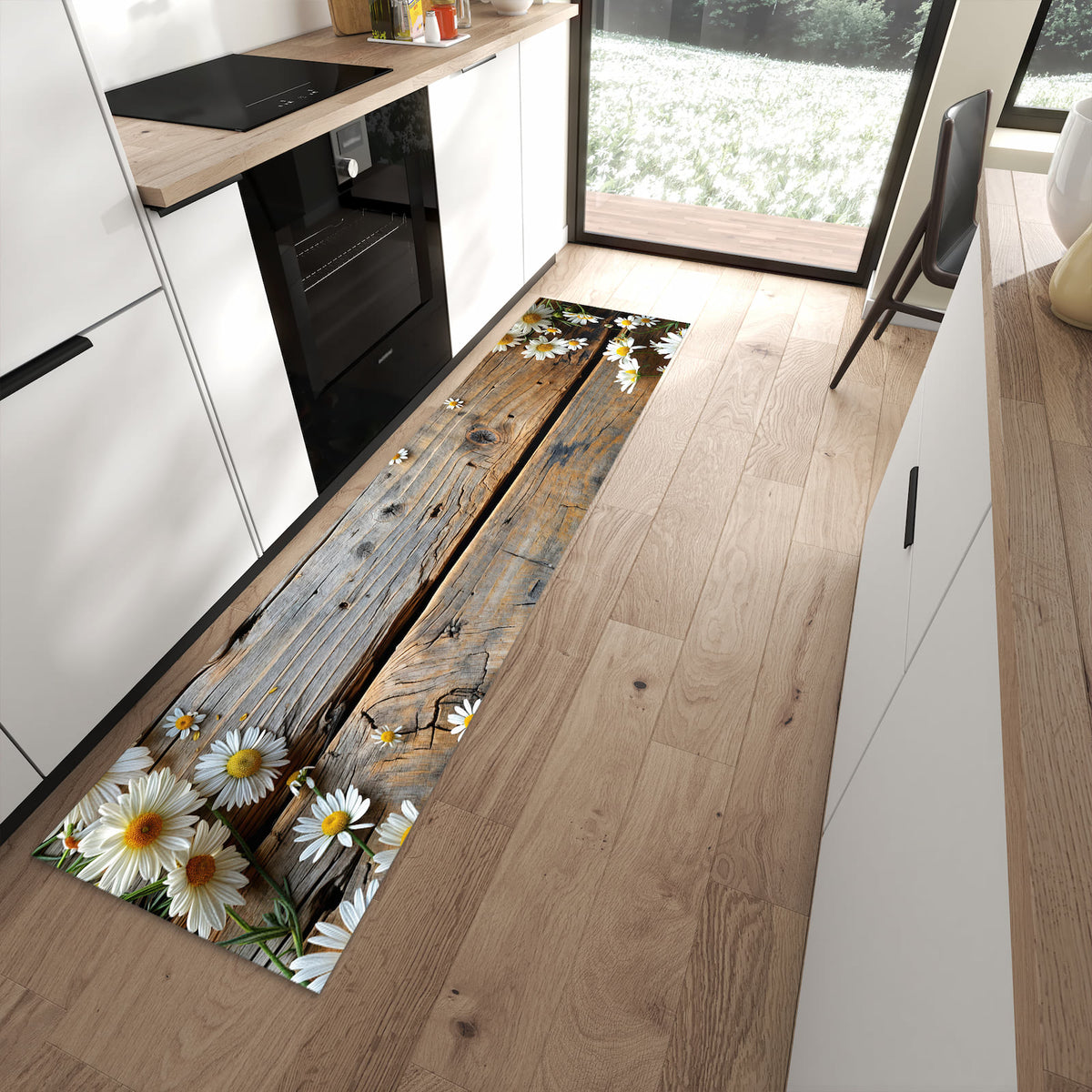 Komfortabler Küchenteppich mit Motiv Holz und Gänseblümchen in moderner Küche