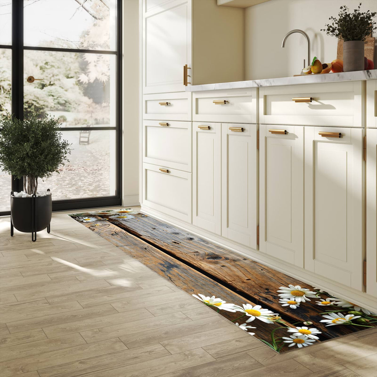 Hygienischer Küchenteppich mit Motiv Holz und Gänseblümchen in heller Küche