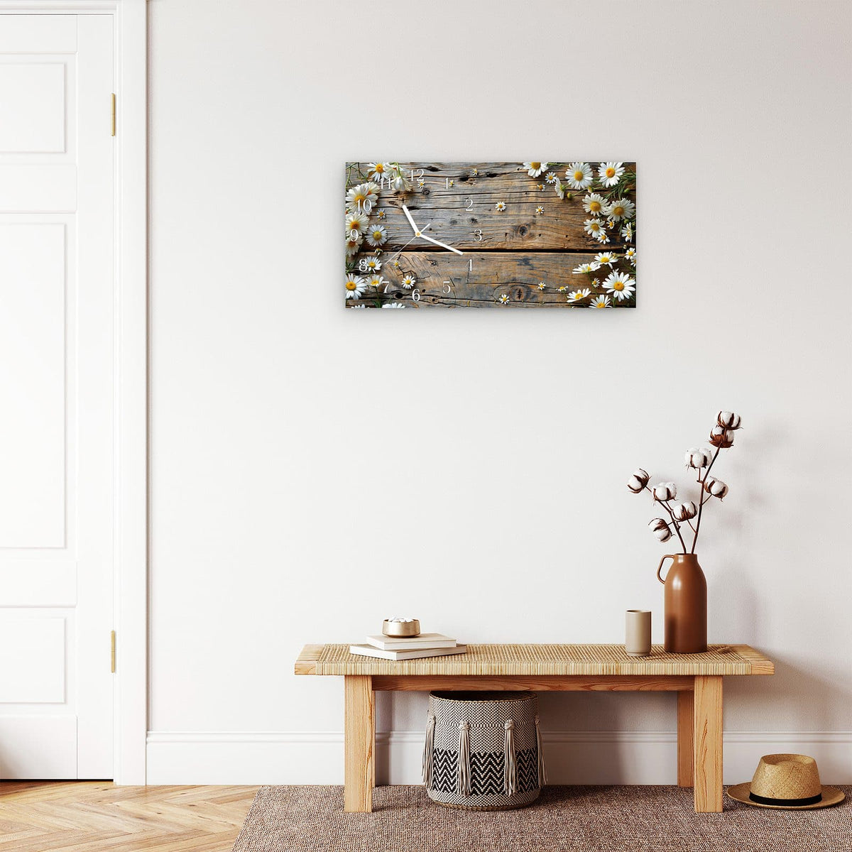 Moderne Wanduhr aus Glas mit Farbtiefe – Wanduhr Holz und Gänseblümchen aus Glas – Querformat 60 × 30 cm