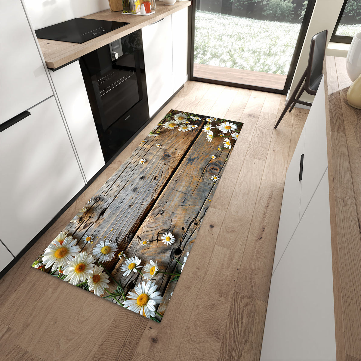 Hygienischer Läufer für die Küche mit Motiv Holz und Gänseblümchen in moderner Küche