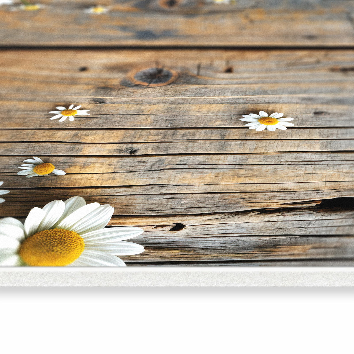 Formstabiler Küchenläufer mit Motiv Holz und Gänseblümchen in seitlicher Ansicht