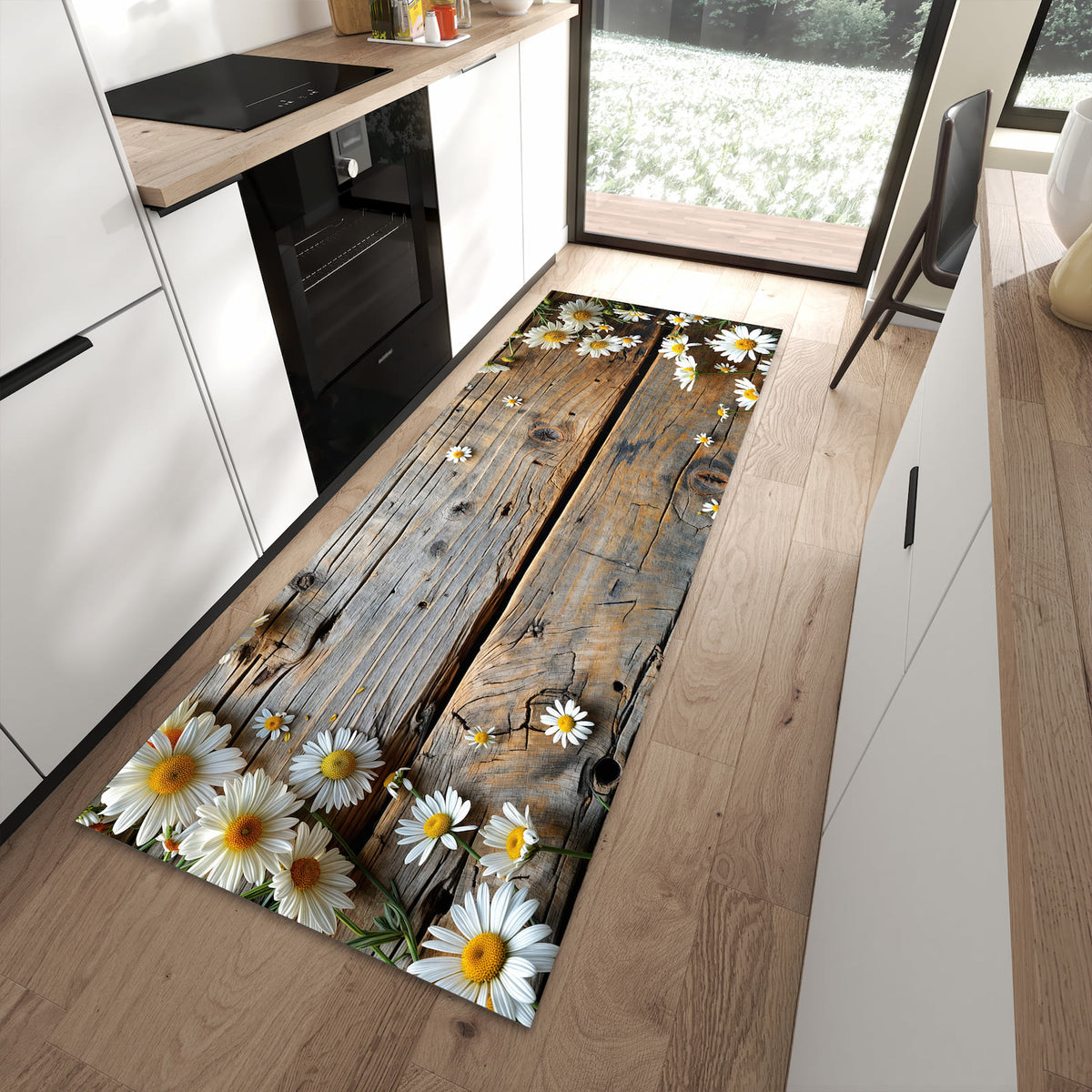 Feuchtigkeitsresistenter Küchenläufer mit Motiv Holz und Gänseblümchen in moderner Küche