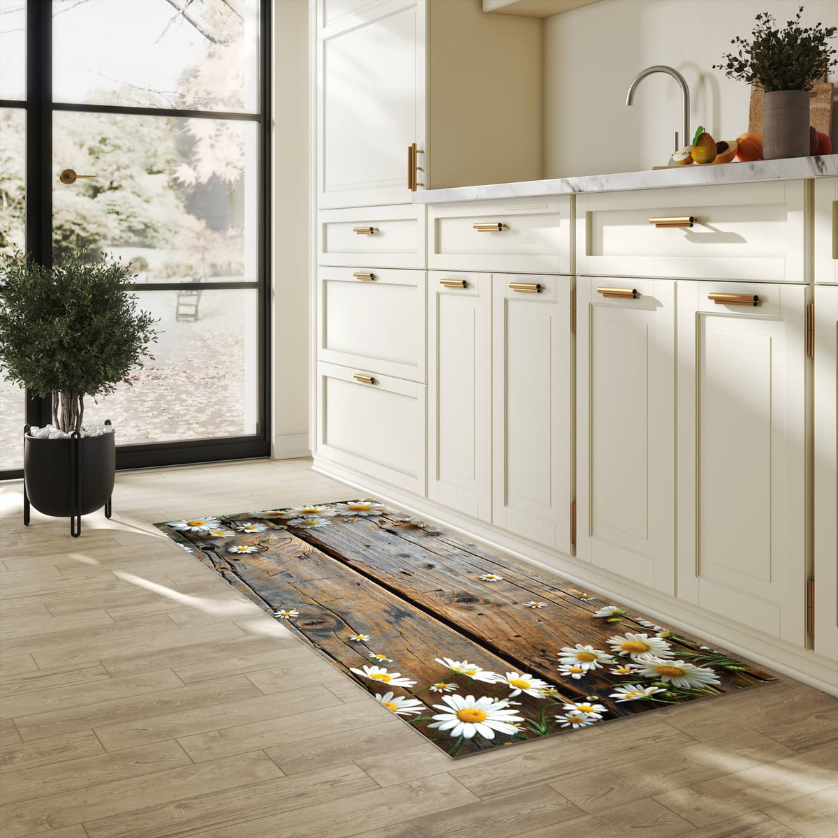 Waschbarer Küchenteppich mit Motiv Holz und Gänseblümchen in heller Küche
